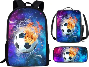 Showudesigns Soccer Backpack with Lunch Box Football Bookbag for Boys Pencil Case Primary School Bag Rucksack Elementary Bookbag Daypack 3 in 1 Galaxy Soccer with Fire and Water Designs