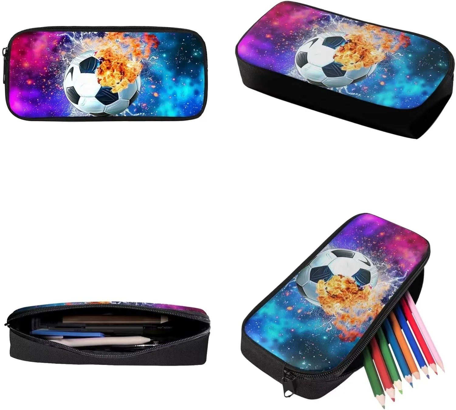 Showudesigns Soccer Backpack with Lunch Box Football Bookbag for Boys Pencil Case Primary School Bag Rucksack Elementary Bookbag Daypack 3 in 1 Galaxy Soccer with Fire and Water Designs
