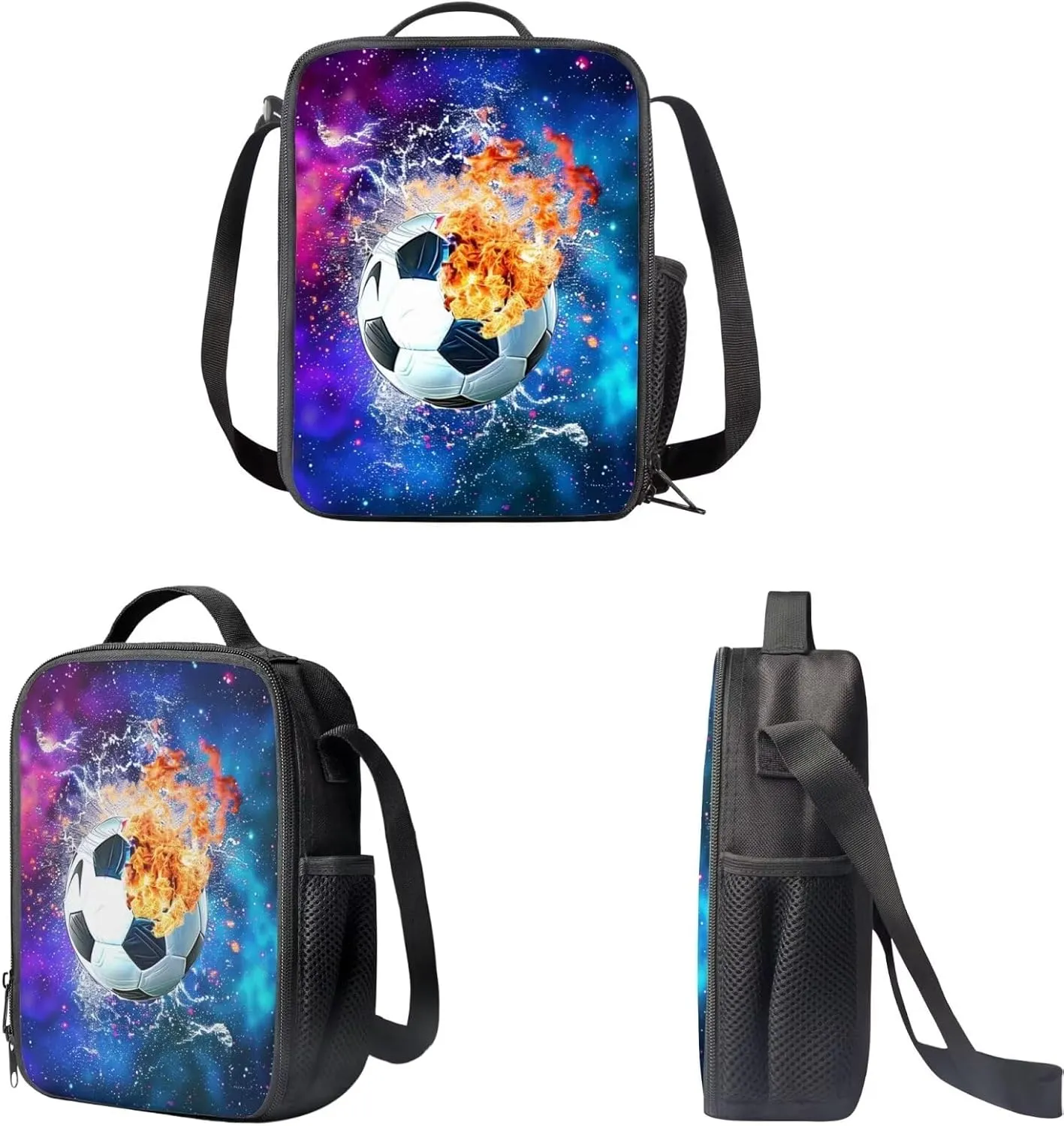 Showudesigns Soccer Backpack with Lunch Box Football Bookbag for Boys Pencil Case Primary School Bag Rucksack Elementary Bookbag Daypack 3 in 1 Galaxy Soccer with Fire and Water Designs