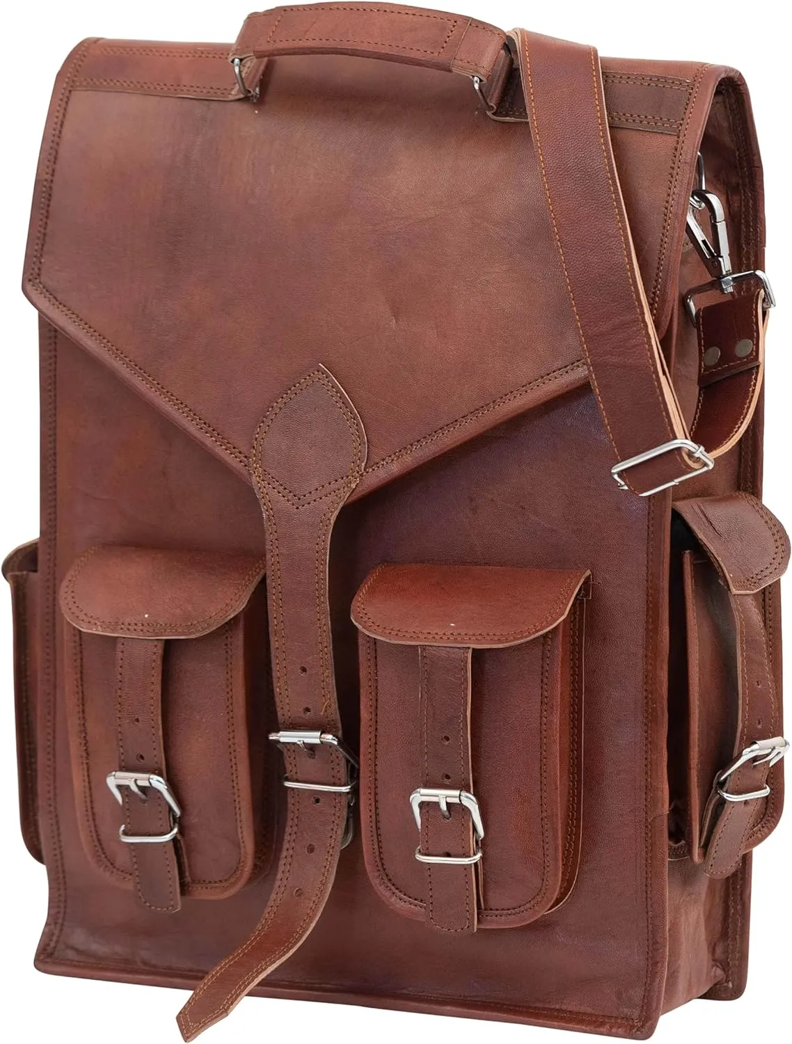 Shy Shy Let’s Touch The Sky 18 inch Brown Premium Leather Laptop Backpack Work Stylish and Practical 2-in-1 Design Handmade Sling Backpack for Men's & Women's Travel Rucksack