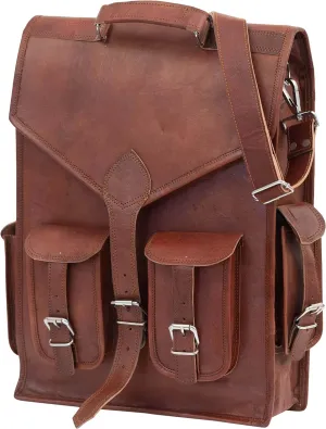 Shy Shy Let’s Touch The Sky 18 inch Brown Premium Leather Laptop Backpack Work Stylish and Practical 2-in-1 Design Handmade Sling Backpack for Men's & Women's Travel Rucksack