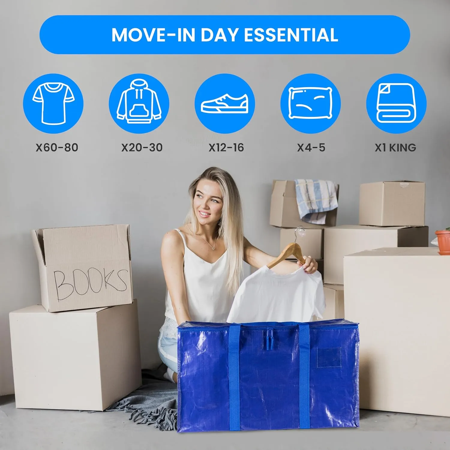 Simple Deluxe 10 Pack Extra Large Moving Bags with Lids, Reinforced Handles and Zippers, Heavy Duty Storage Tote For Moving Travel Camping Space Saving, Blue
