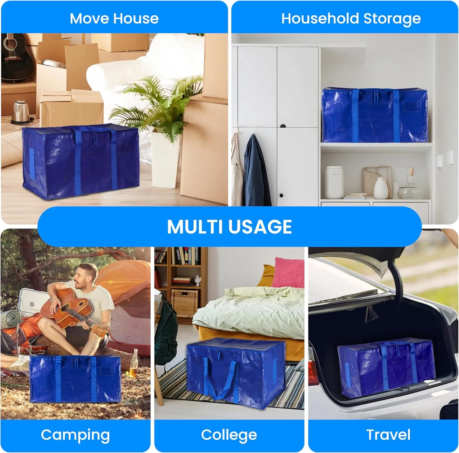 Simple Deluxe 10 Pack Extra Large Moving Bags with Lids, Reinforced Handles and Zippers, Heavy Duty Storage Tote For Moving Travel Camping Space Saving, Blue