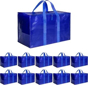 Simple Deluxe 10 Pack Extra Large Moving Bags with Lids, Reinforced Handles and Zippers, Heavy Duty Storage Tote For Moving Travel Camping Space Saving, Blue