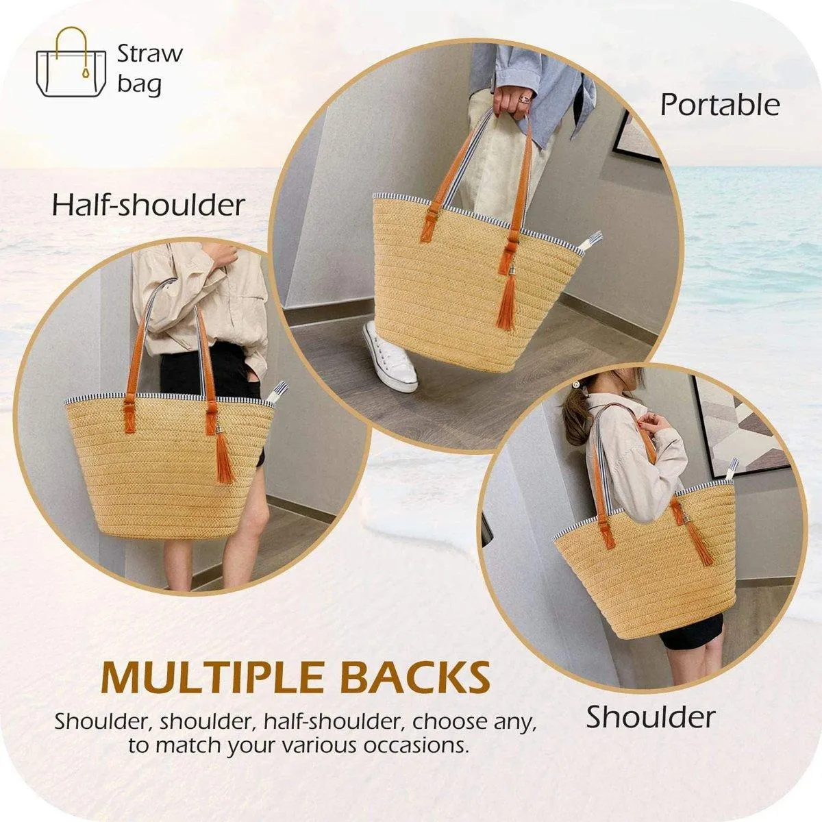 Simple Fashion Woven Straw Bag Beach Tote Bag Summer Handbag for Women Travel