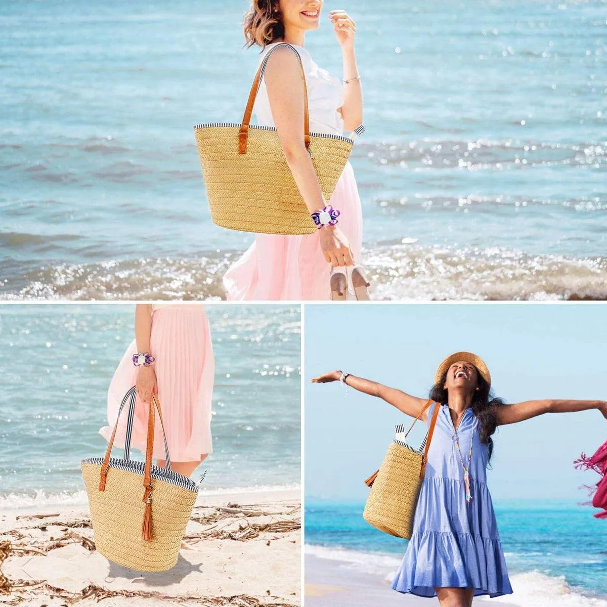 Simple Fashion Woven Straw Bag Beach Tote Bag Summer Handbag for Women Travel