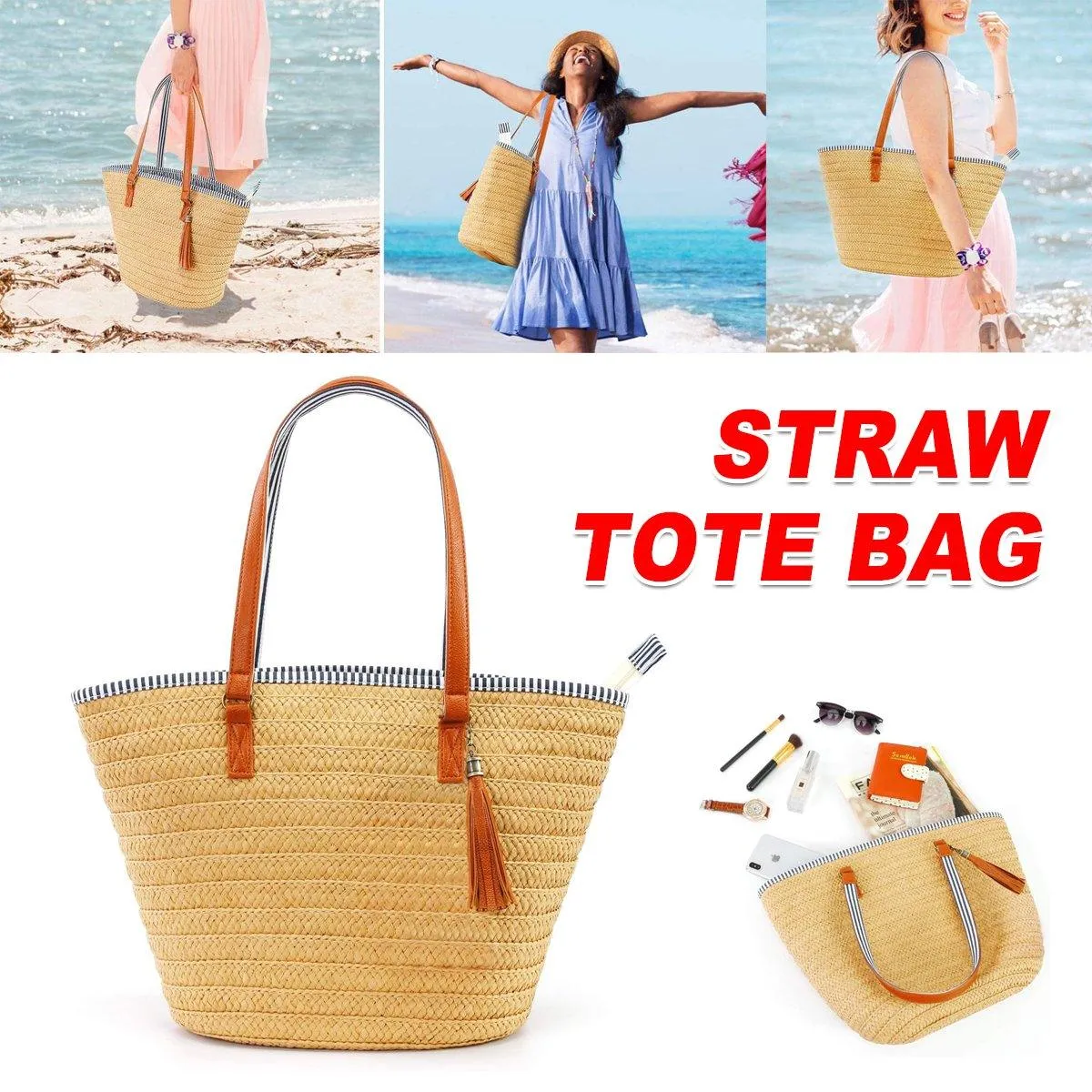 Simple Fashion Woven Straw Bag Beach Tote Bag Summer Handbag for Women Travel