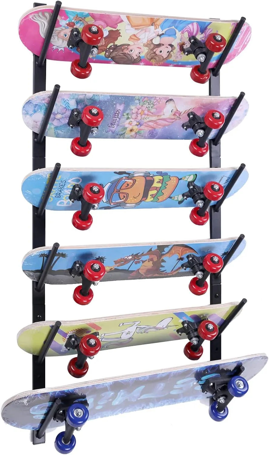 Skateboard Wall Mount - Skate Board Wall Display Hanger Rack, Snowboard Wall Mount Ski Holder, Six Floors Deck Wall Longboard Rack Storage