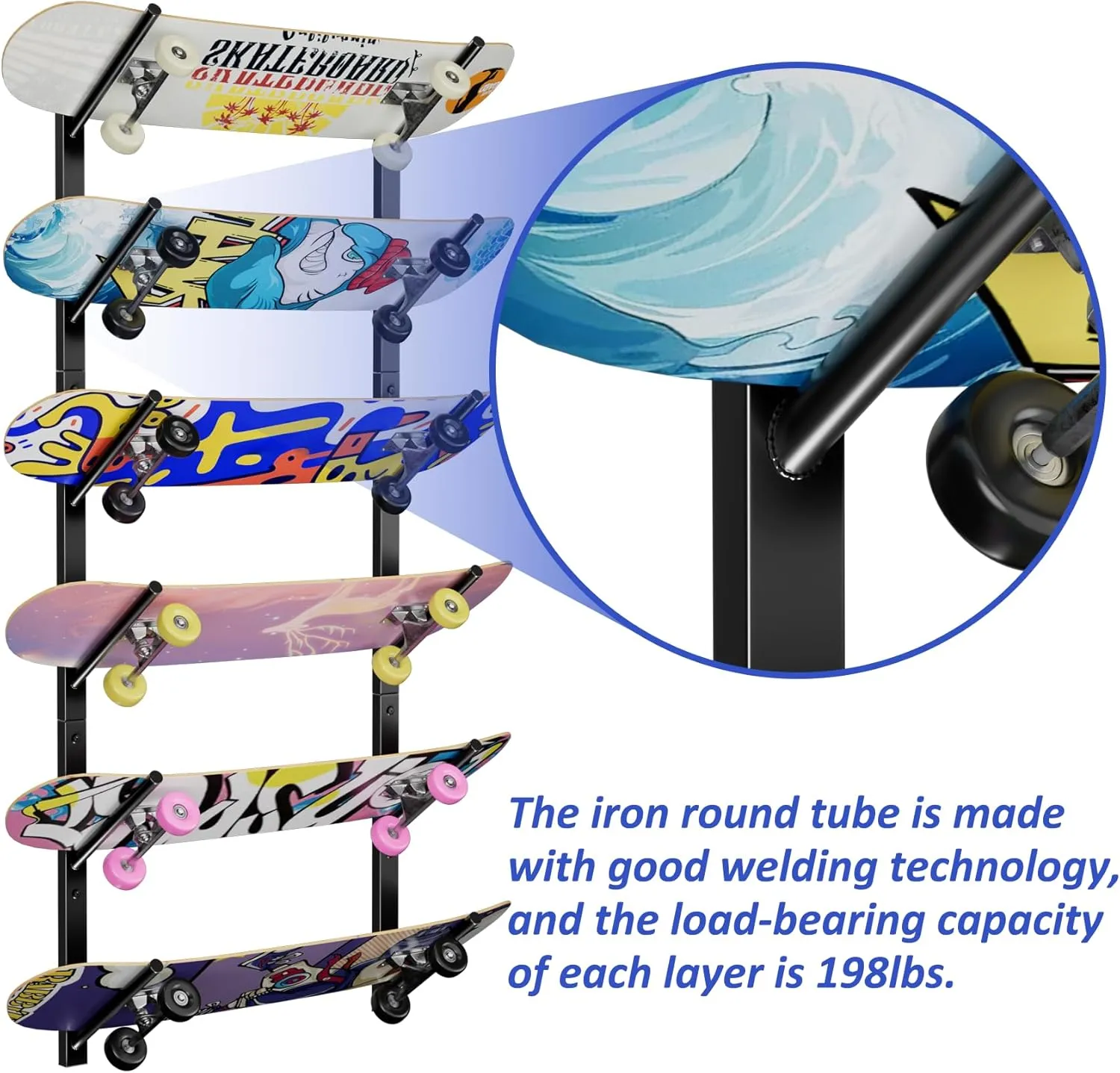 Skateboard Wall Mount - Skate Board Wall Display Hanger Rack, Snowboard Wall Mount Ski Holder, Six Floors Deck Wall Longboard Rack Storage