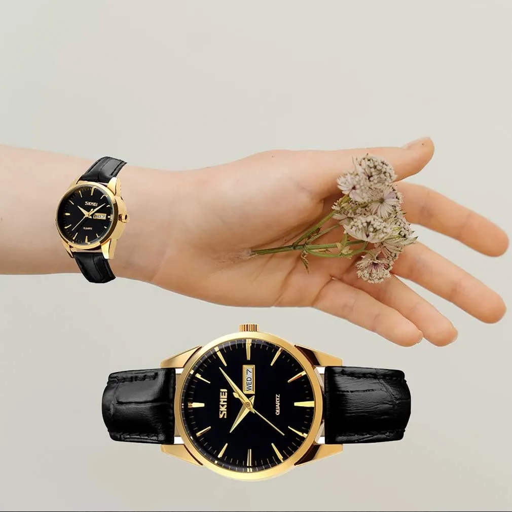 SKMEI Women's Watches for Ladies Female Black Leather Band Waterproof Fashion Casual Simple Dress Quartz Analog Day Date Calendar Business Light Wrist Watch Wife Girls Gifts