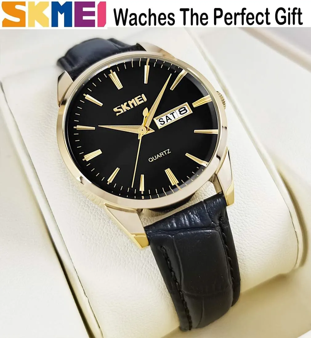 SKMEI Women's Watches for Ladies Female Black Leather Band Waterproof Fashion Casual Simple Dress Quartz Analog Day Date Calendar Business Light Wrist Watch Wife Girls Gifts