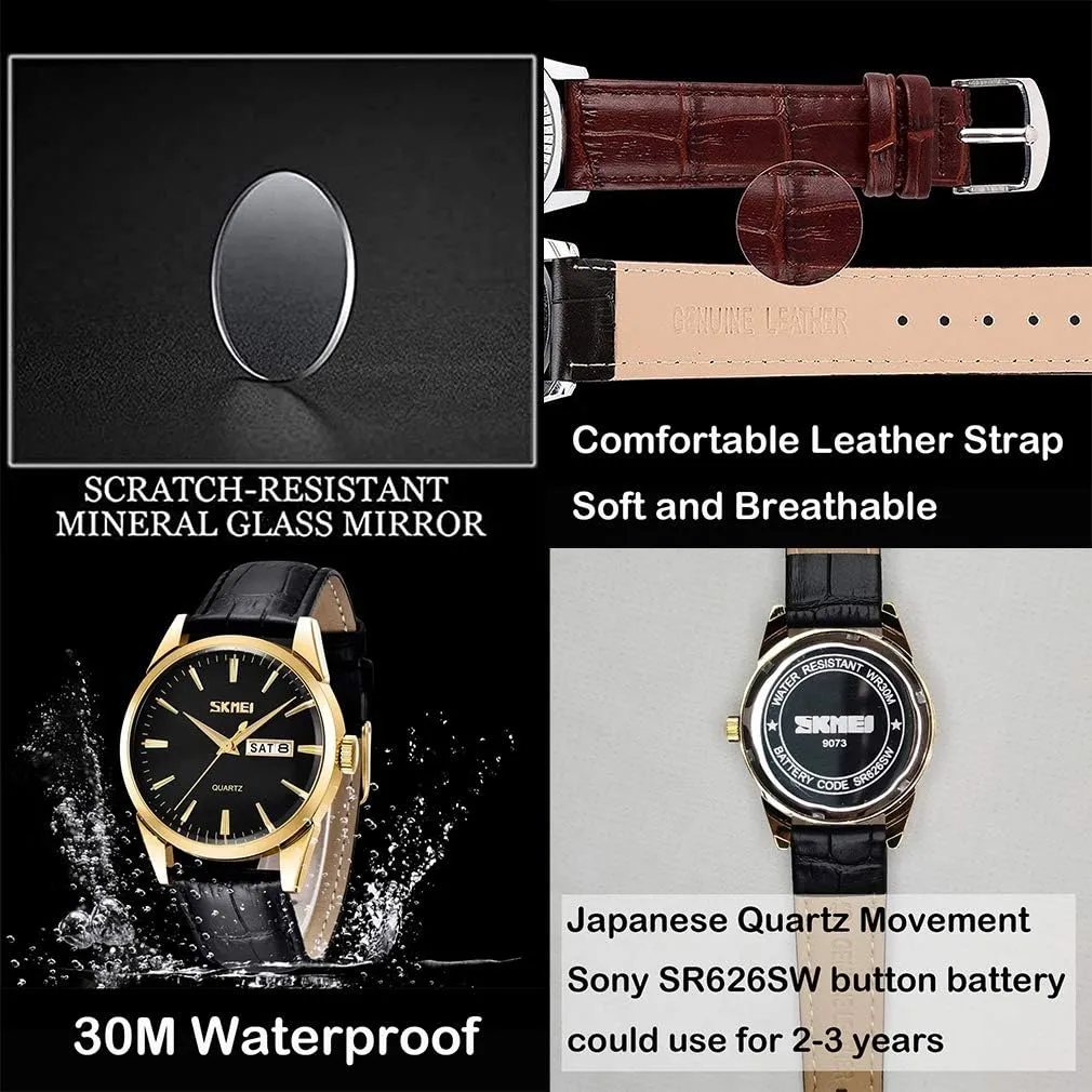SKMEI Women's Watches for Ladies Female Black Leather Band Waterproof Fashion Casual Simple Dress Quartz Analog Day Date Calendar Business Light Wrist Watch Wife Girls Gifts