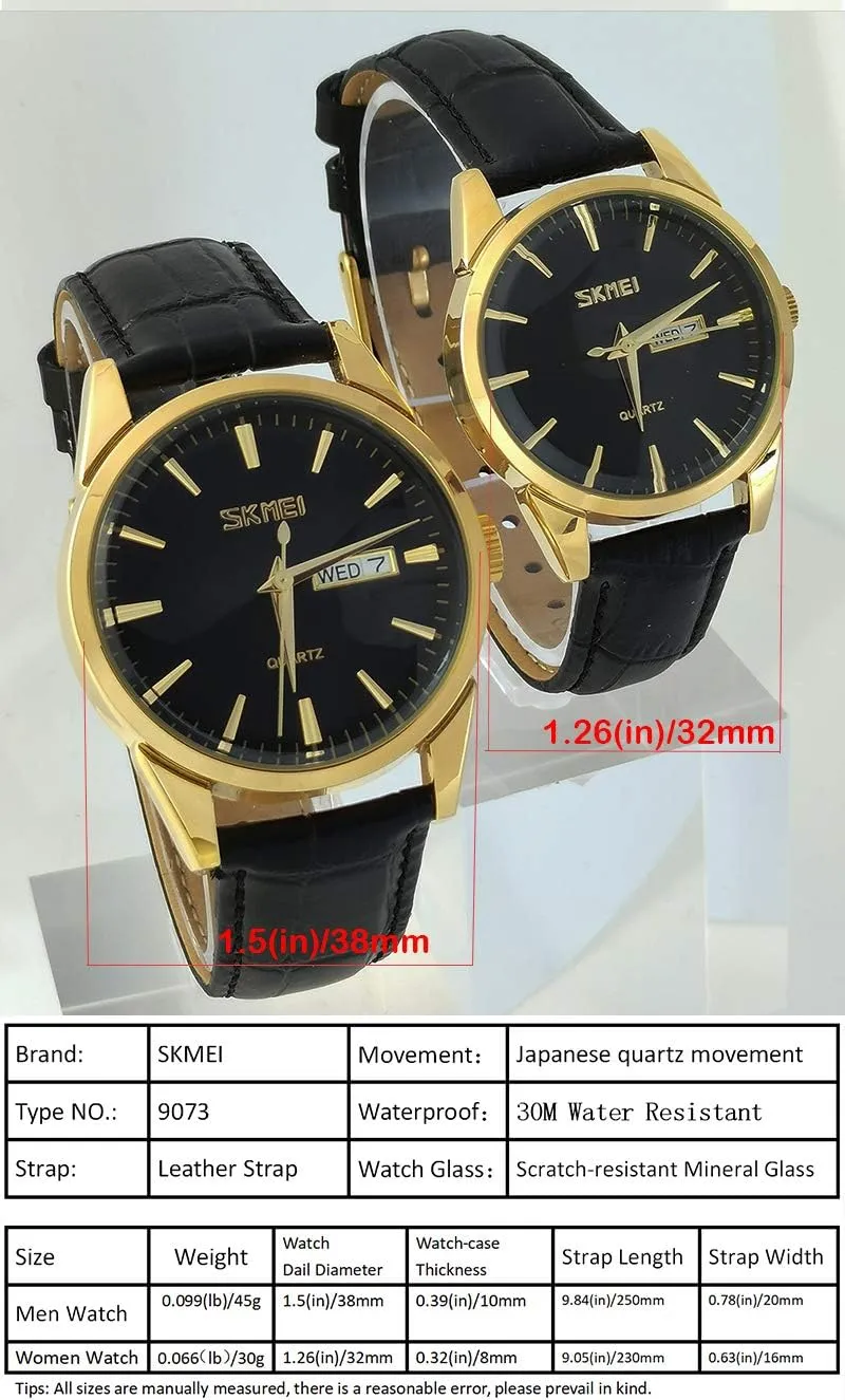 SKMEI Women's Watches for Ladies Female Black Leather Band Waterproof Fashion Casual Simple Dress Quartz Analog Day Date Calendar Business Light Wrist Watch Wife Girls Gifts