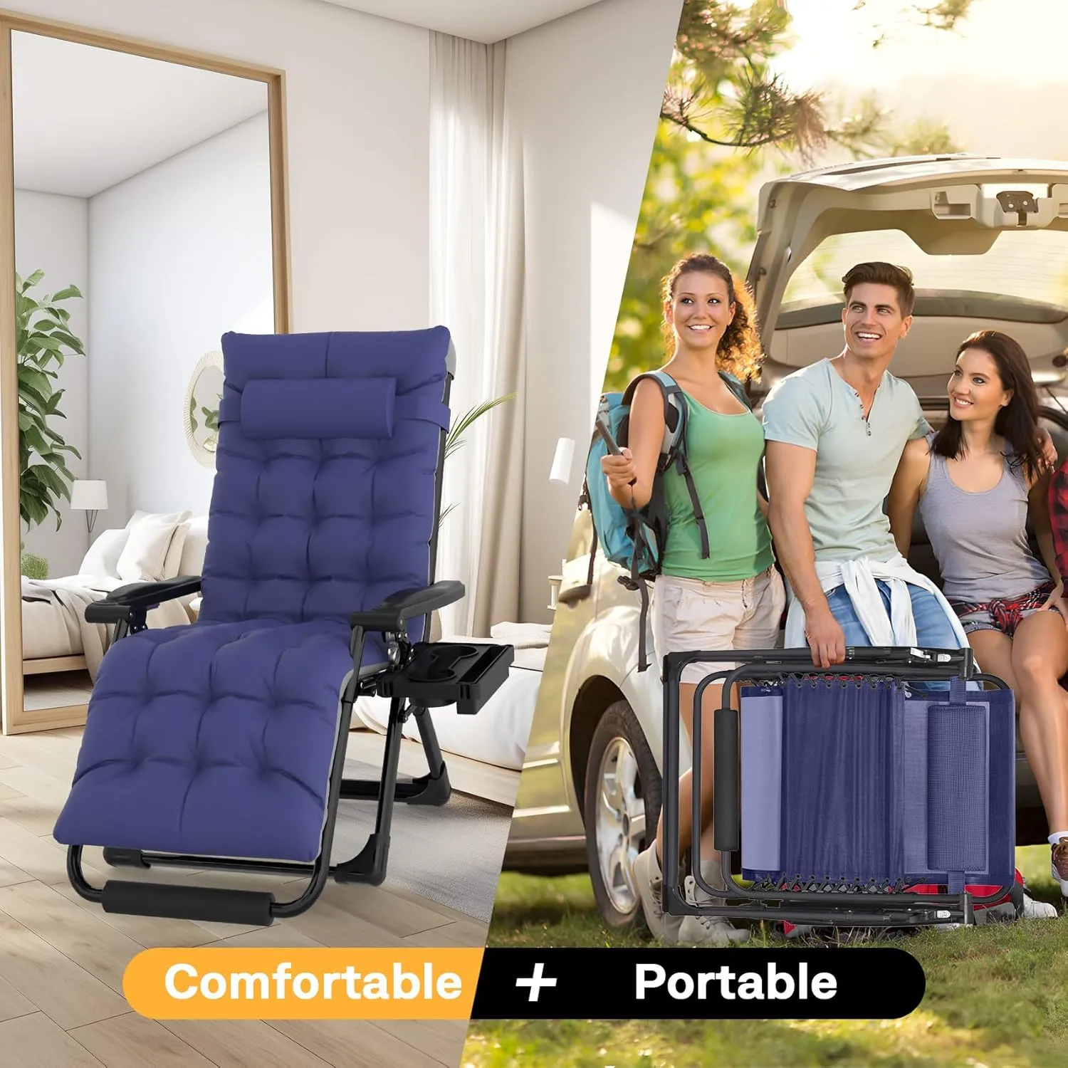 Slendor Oversized Zero Gravity Chairs XL, 29In Padded Zero Gravity Lounge Chair, Folding Reclining Chair w/Aluminum Alloy Lock, Headrest, Side Cup Holder, Patio Lawn Outdoor Recliner, Blue