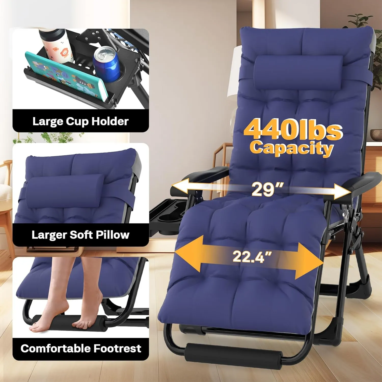 Slendor Oversized Zero Gravity Chairs XL, 29In Padded Zero Gravity Lounge Chair, Folding Reclining Chair w/Aluminum Alloy Lock, Headrest, Side Cup Holder, Patio Lawn Outdoor Recliner, Blue
