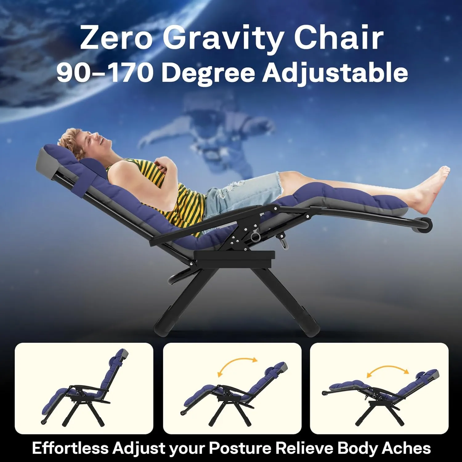 Slendor Oversized Zero Gravity Chairs XL, 29In Padded Zero Gravity Lounge Chair, Folding Reclining Chair w/Aluminum Alloy Lock, Headrest, Side Cup Holder, Patio Lawn Outdoor Recliner, Blue