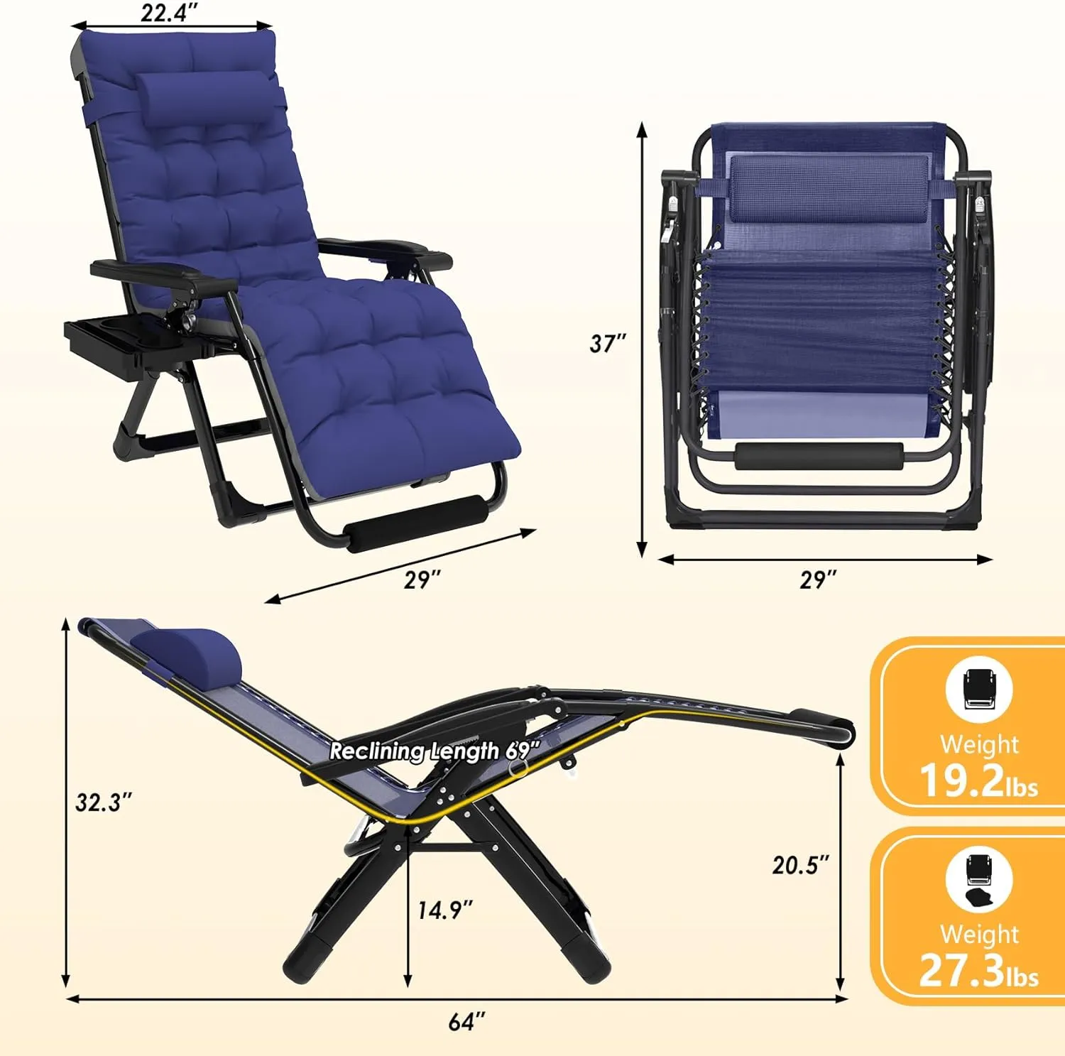 Slendor Oversized Zero Gravity Chairs XL, 29In Padded Zero Gravity Lounge Chair, Folding Reclining Chair w/Aluminum Alloy Lock, Headrest, Side Cup Holder, Patio Lawn Outdoor Recliner, Blue
