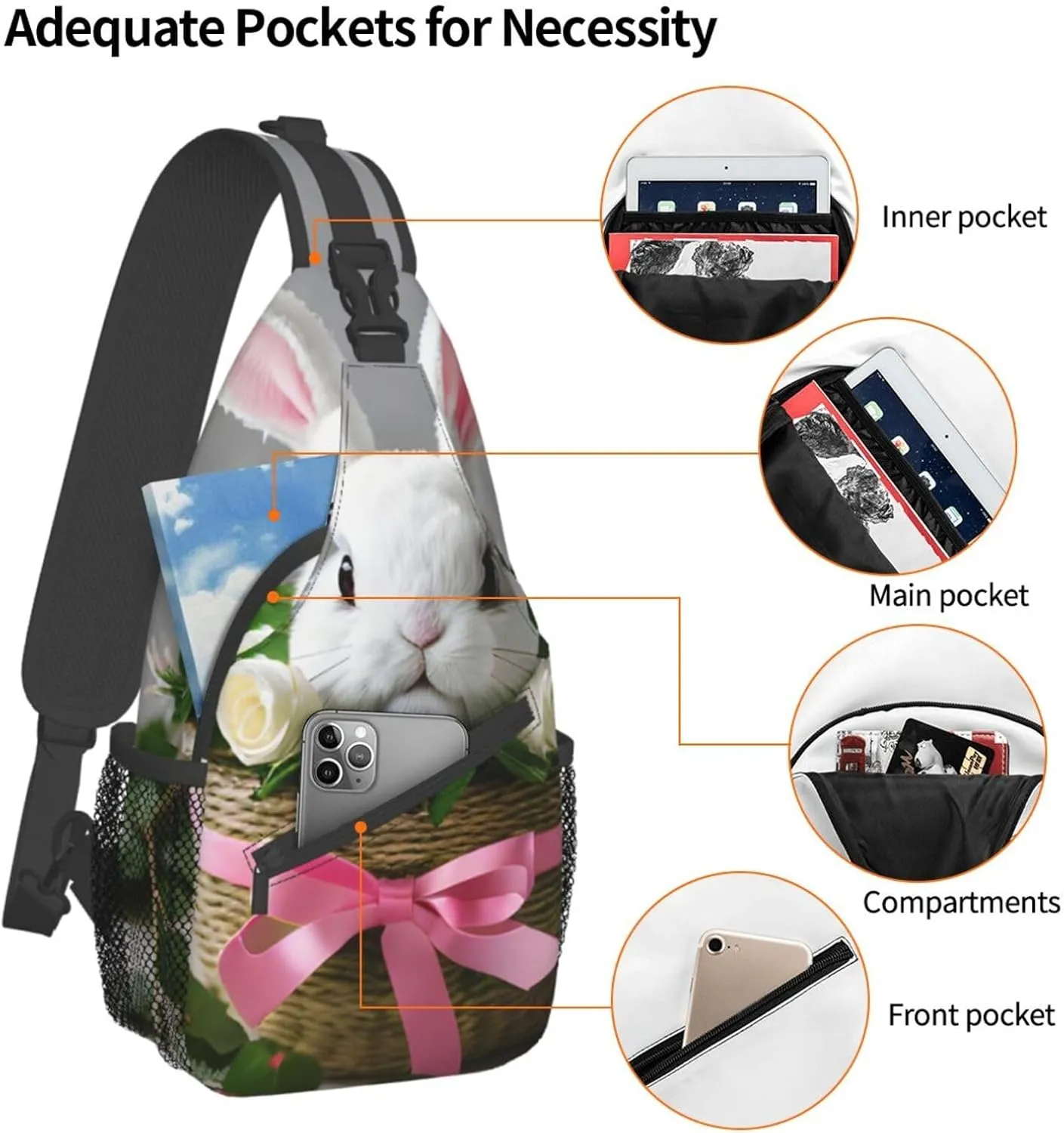 Sling Backpack,Men Cross Chest Bag Diagonally,Durable Adjustable Outdoor Cycling Travel Bag,Bunny Rosette Print