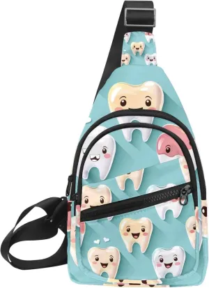 Sling Bag Backpack Crossbody Chest Bag Daypack for Hiking Travel(Cute Teeth Isolated on Blue Background)