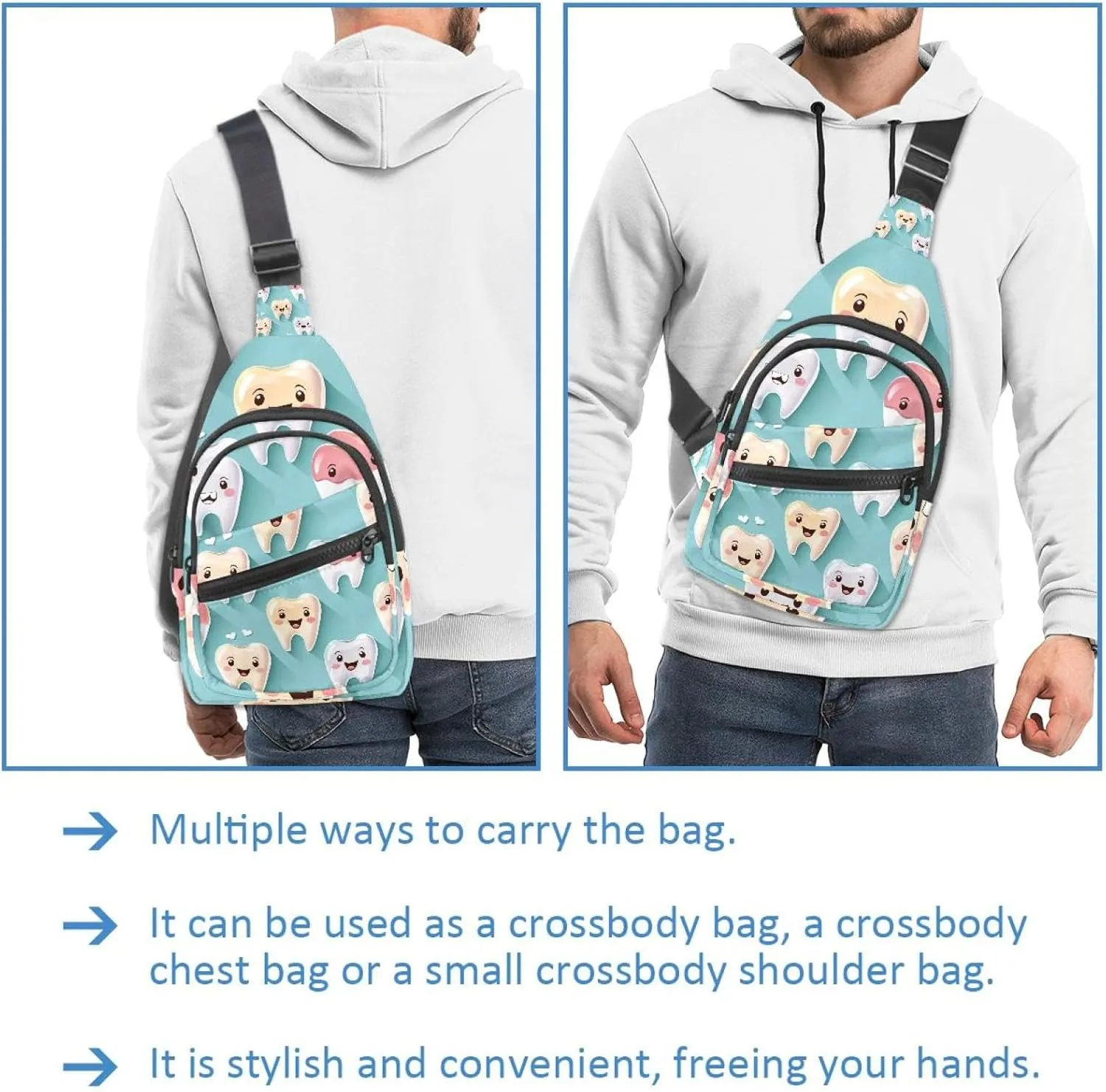 Sling Bag Backpack Crossbody Chest Bag Daypack for Hiking Travel(Cute Teeth Isolated on Blue Background)