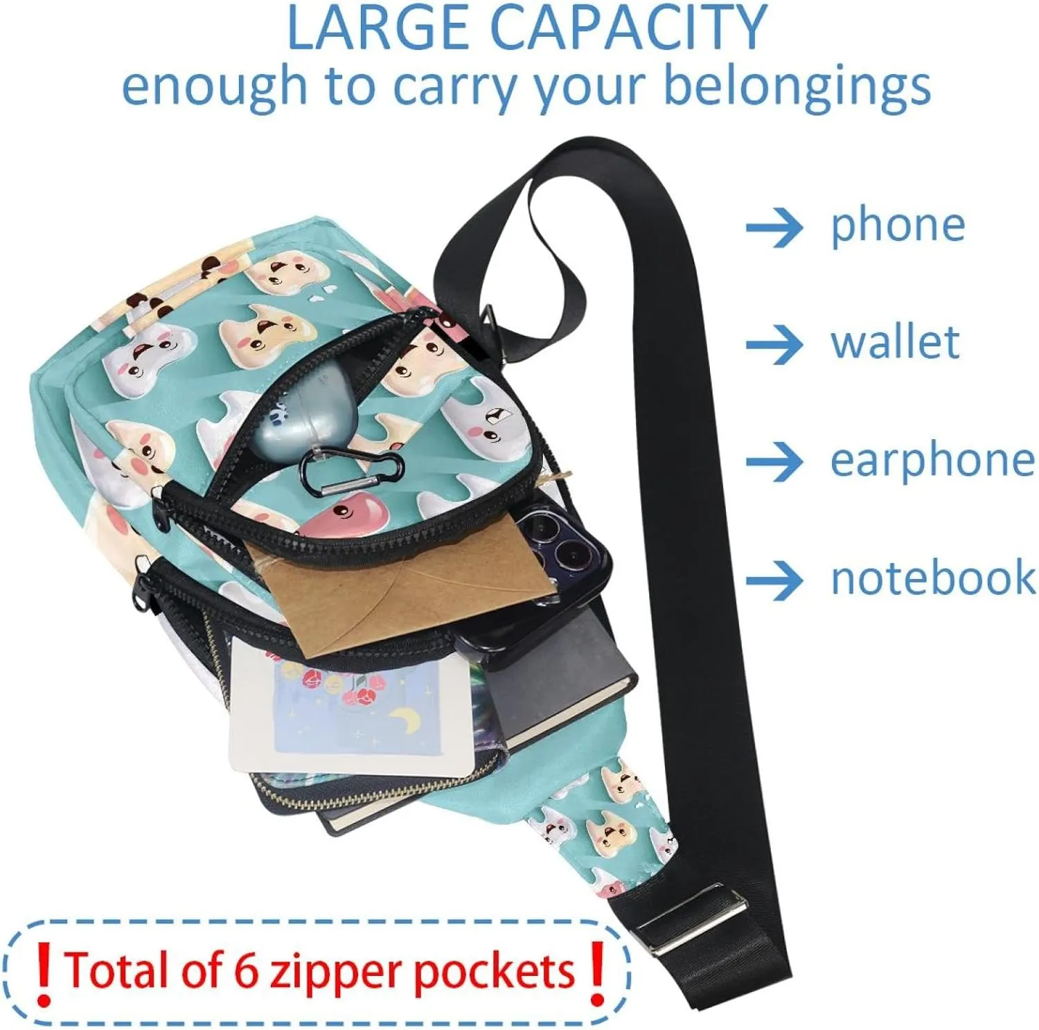 Sling Bag Backpack Crossbody Chest Bag Daypack for Hiking Travel(Cute Teeth Isolated on Blue Background)