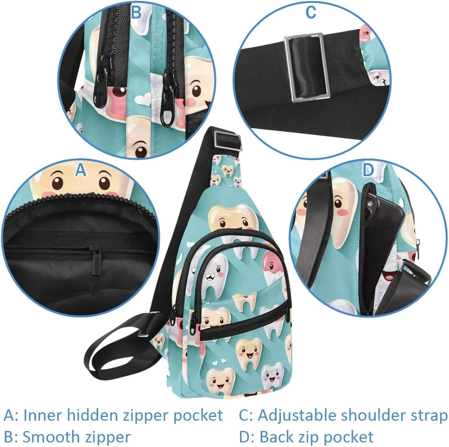 Sling Bag Backpack Crossbody Chest Bag Daypack for Hiking Travel(Cute Teeth Isolated on Blue Background)