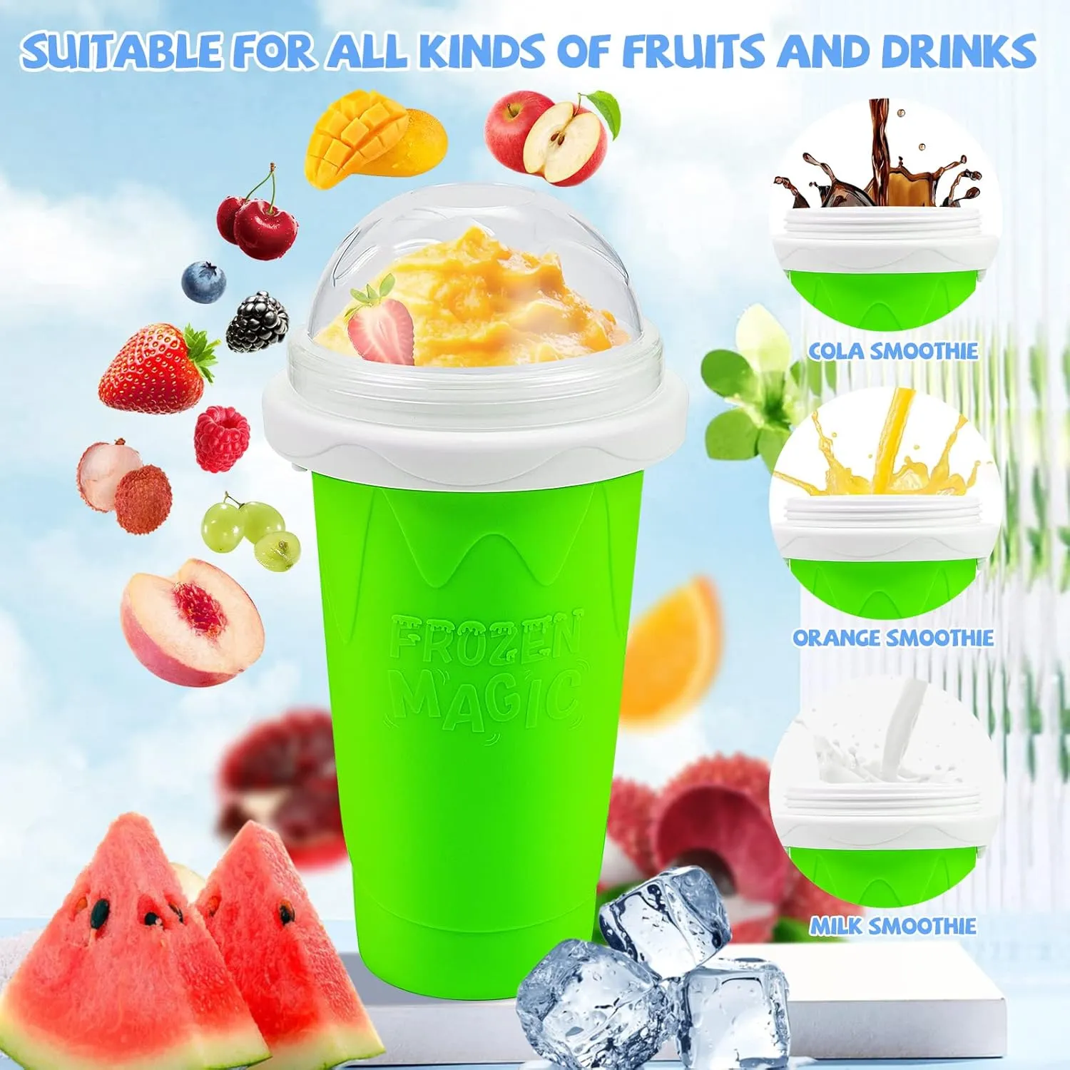 Slushy Maker Cup, Magic Quick Frozen Smoothies Cup, Portable Double Layer Slushy Maker Cup, Slushie Machine with Straw and Spoon, Ice Cream Maker Christmas Gifts for Family and Kids, Green