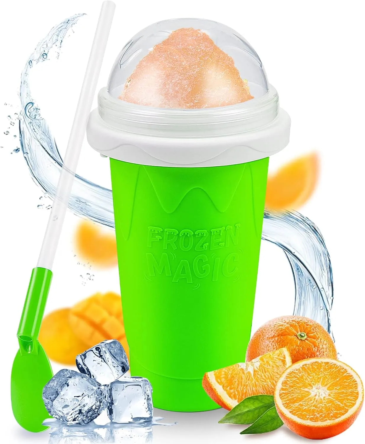 Slushy Maker Cup, Magic Quick Frozen Smoothies Cup, Portable Double Layer Slushy Maker Cup, Slushie Machine with Straw and Spoon, Ice Cream Maker Christmas Gifts for Family and Kids, Green
