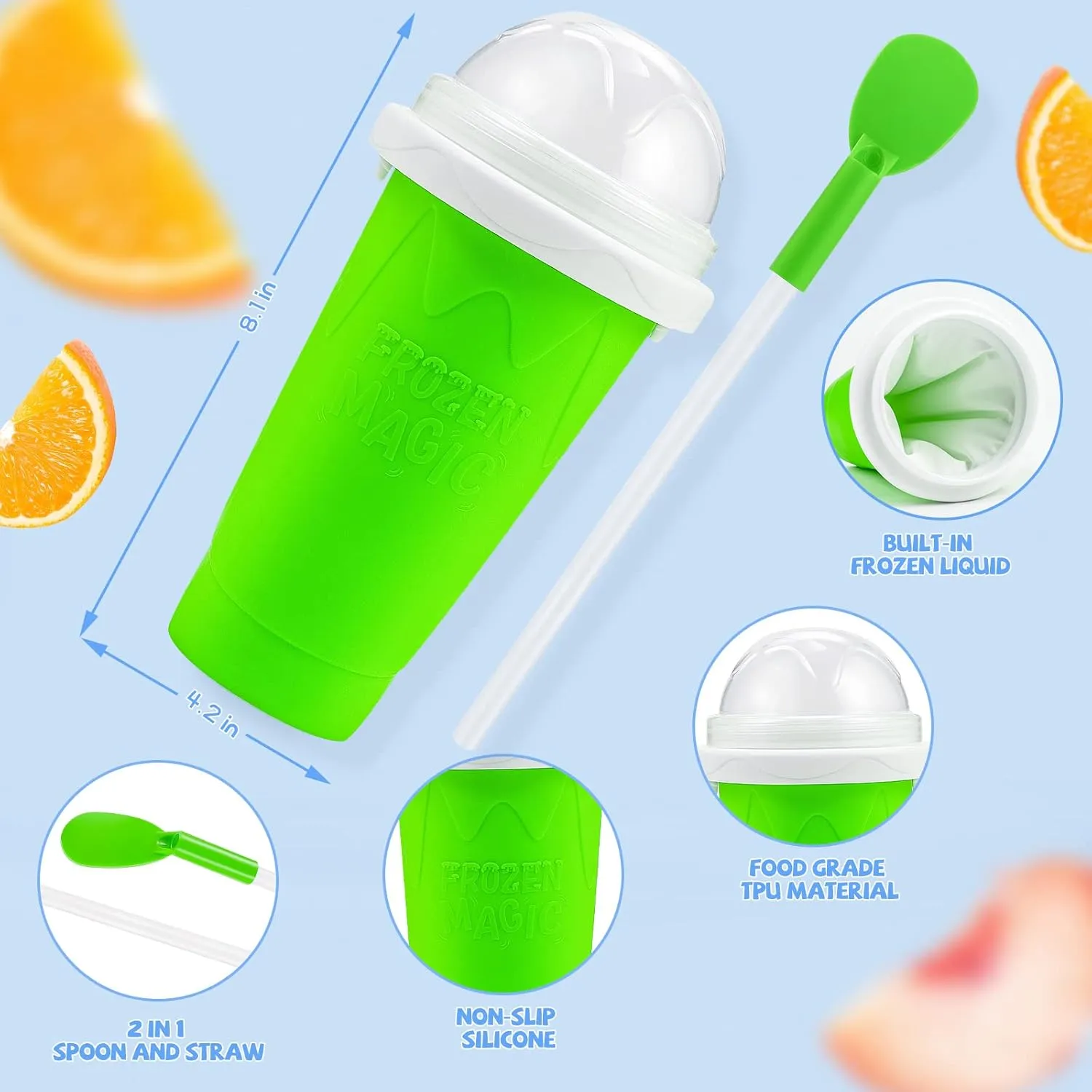 Slushy Maker Cup, Magic Quick Frozen Smoothies Cup, Portable Double Layer Slushy Maker Cup, Slushie Machine with Straw and Spoon, Ice Cream Maker Christmas Gifts for Family and Kids, Green