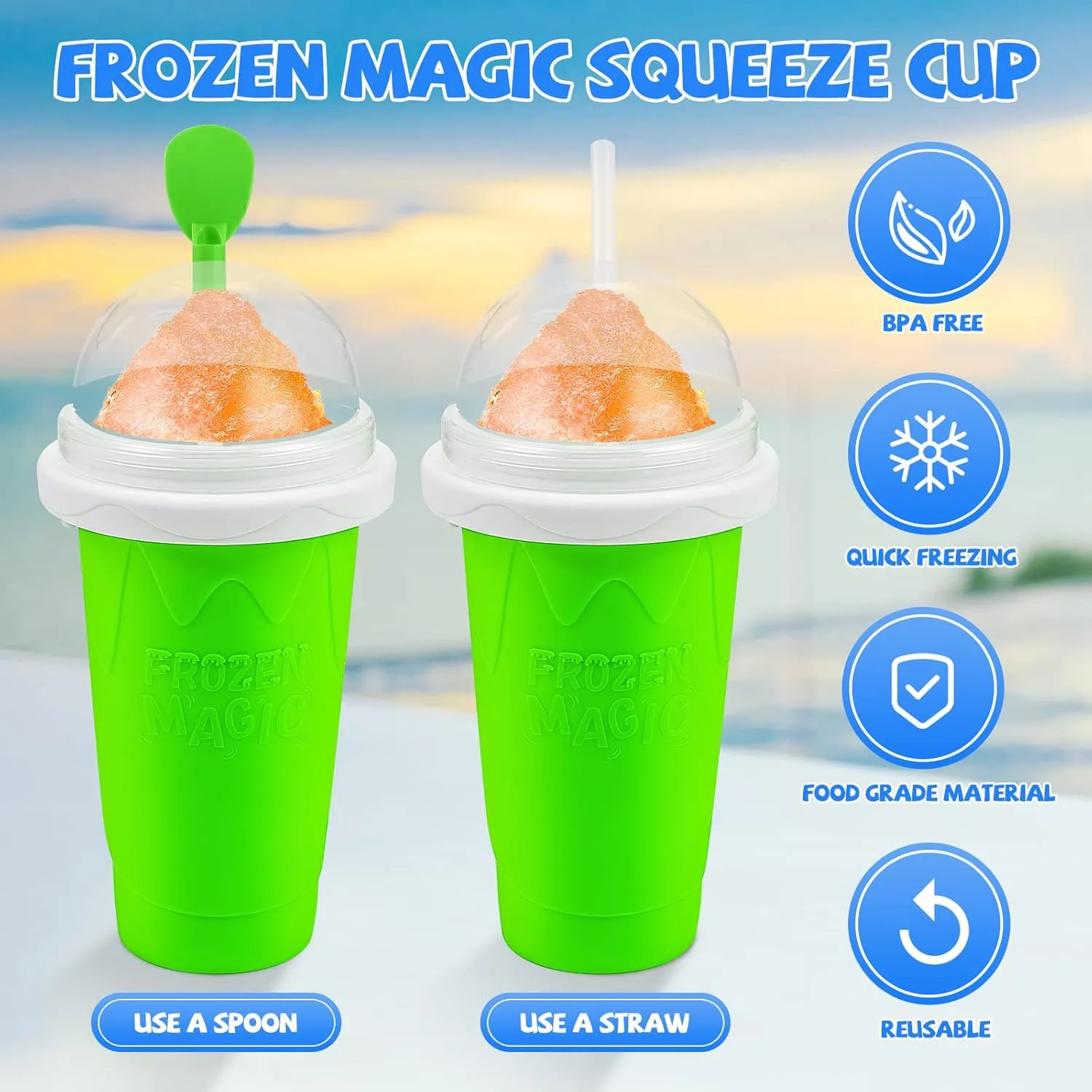 Slushy Maker Cup, Magic Quick Frozen Smoothies Cup, Portable Double Layer Slushy Maker Cup, Slushie Machine with Straw and Spoon, Ice Cream Maker Christmas Gifts for Family and Kids, Green