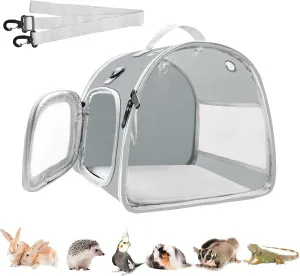 Small Animal Carrier Bag, Upgraded Portable Guinea Pig Carriers, Transparent Hamster Carrying Case, Reptile Rat Rabbit Bearded Dragon Hedgehog Carrier Bag for Travel, Hiking, Walking, Outdoor (Grey)