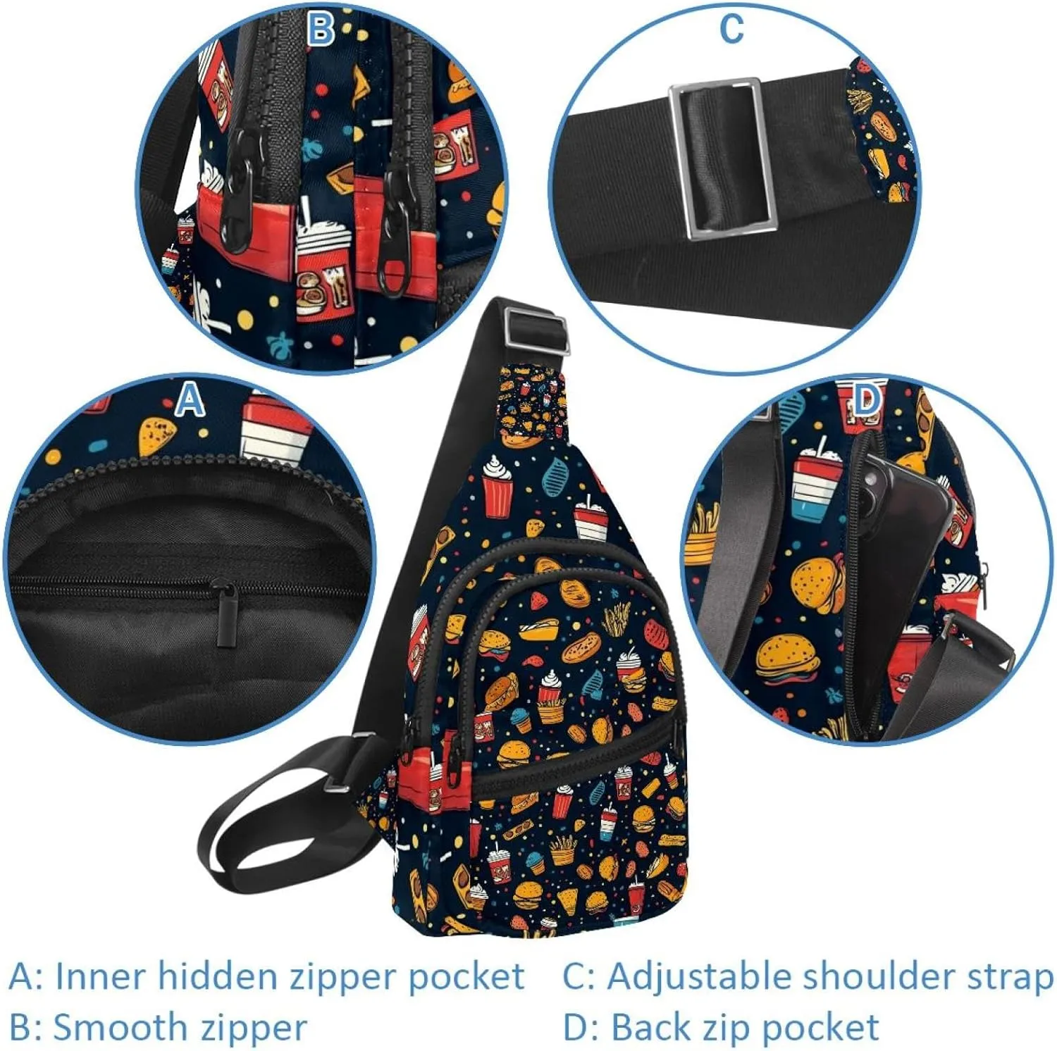 Small Sling Backpack Crossbody Sling Bag, Chest Bag Daypack, hot dog pita tea cup pizza fries
