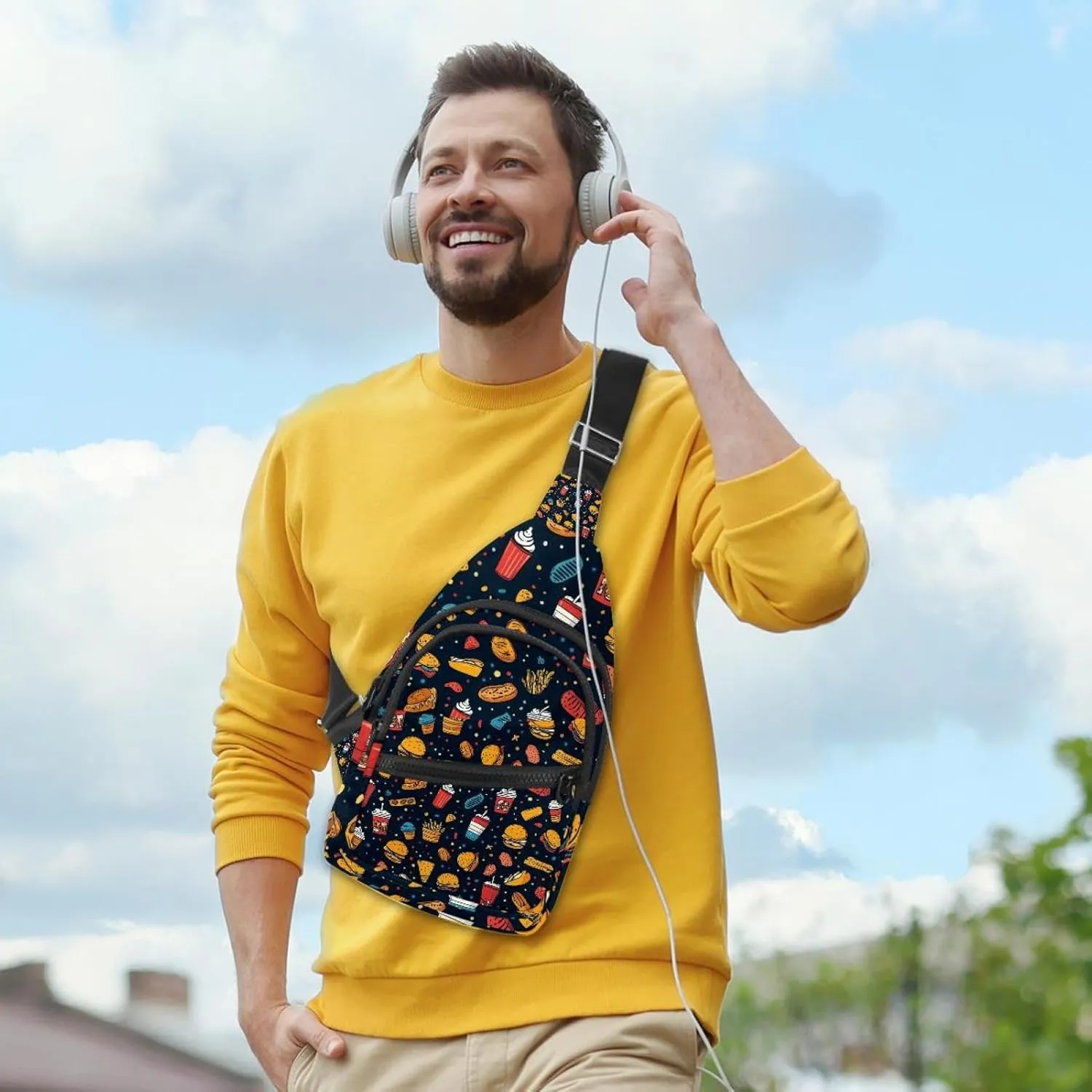 Small Sling Backpack Crossbody Sling Bag, Chest Bag Daypack, hot dog pita tea cup pizza fries
