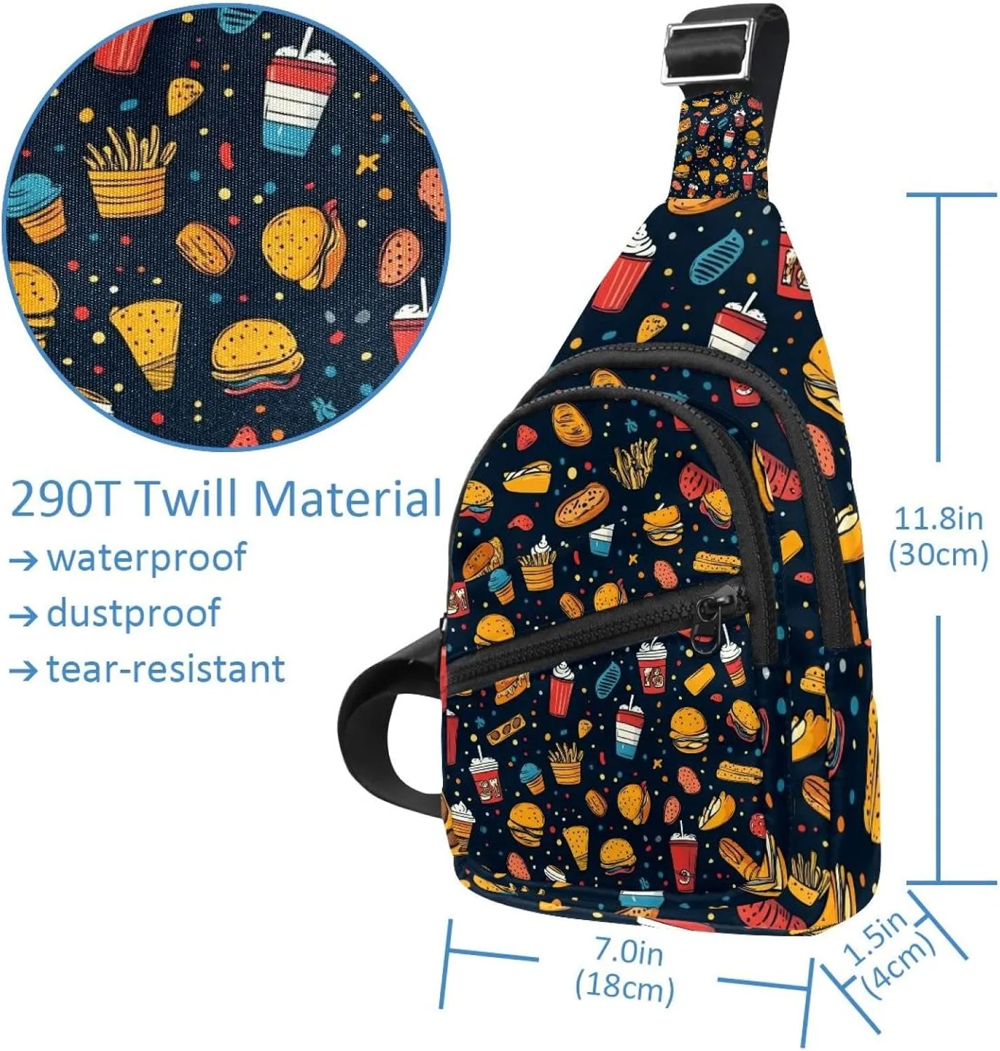 Small Sling Backpack Crossbody Sling Bag, Chest Bag Daypack, hot dog pita tea cup pizza fries