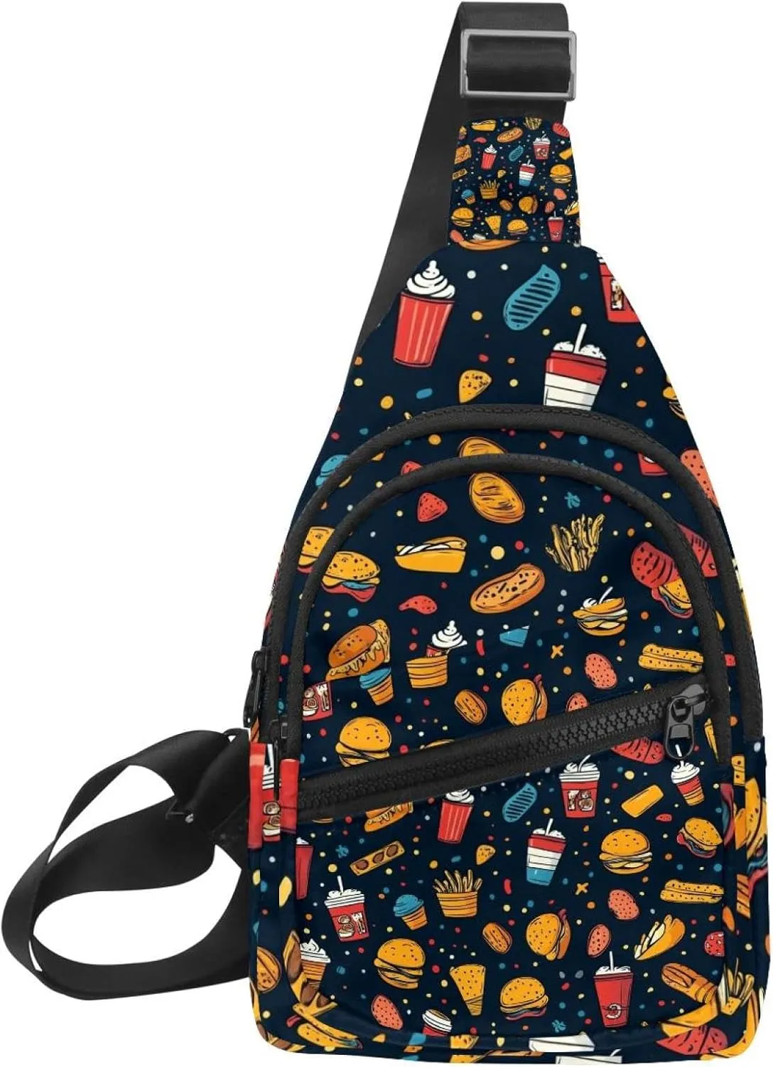 Small Sling Backpack Crossbody Sling Bag, Chest Bag Daypack, hot dog pita tea cup pizza fries