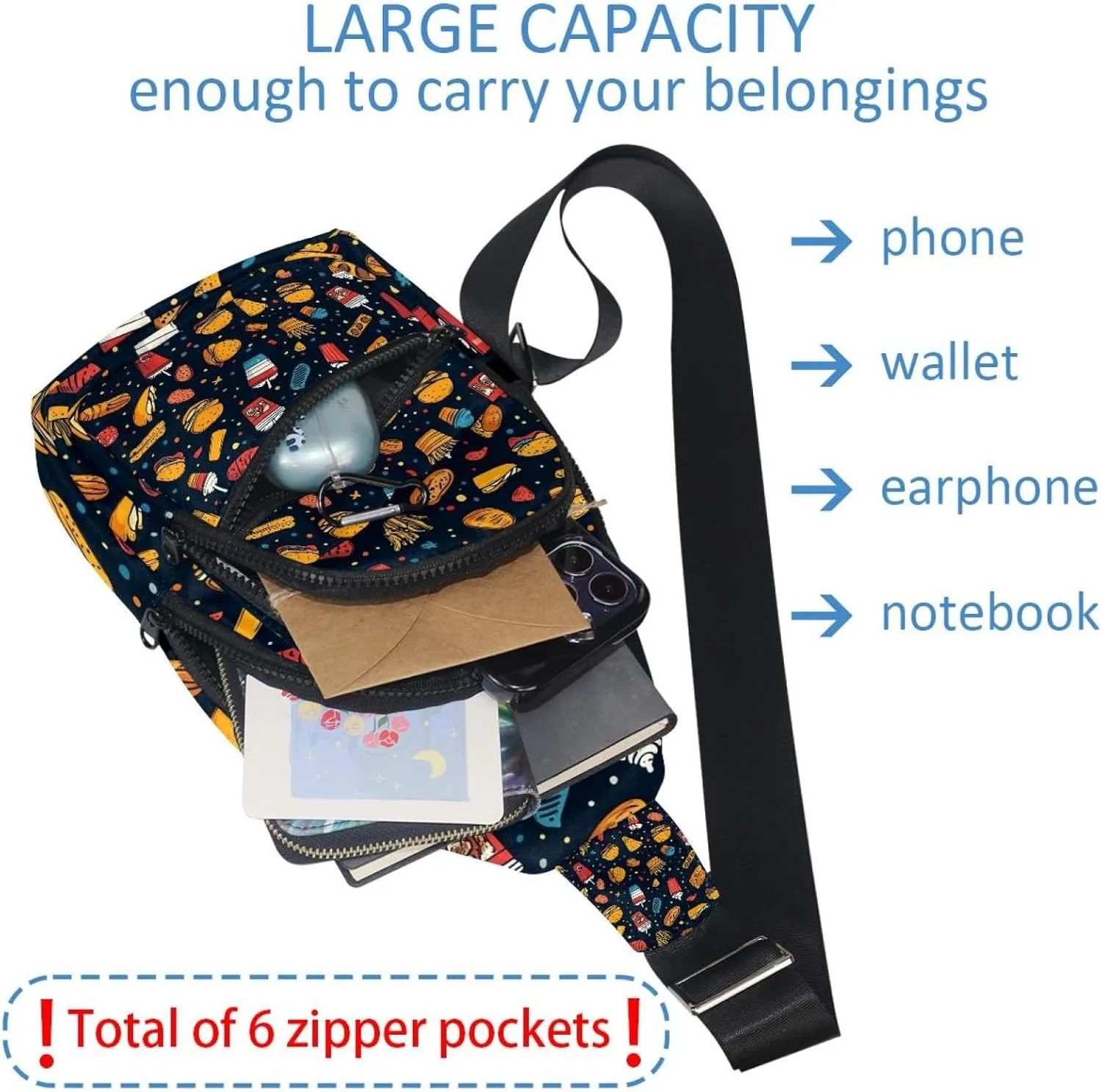 Small Sling Backpack Crossbody Sling Bag, Chest Bag Daypack, hot dog pita tea cup pizza fries
