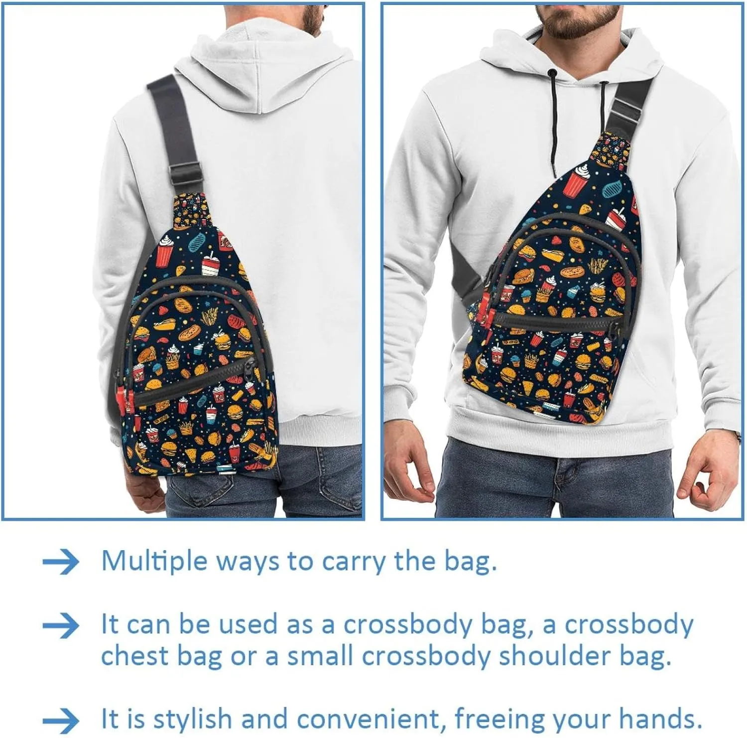 Small Sling Backpack Crossbody Sling Bag, Chest Bag Daypack, hot dog pita tea cup pizza fries