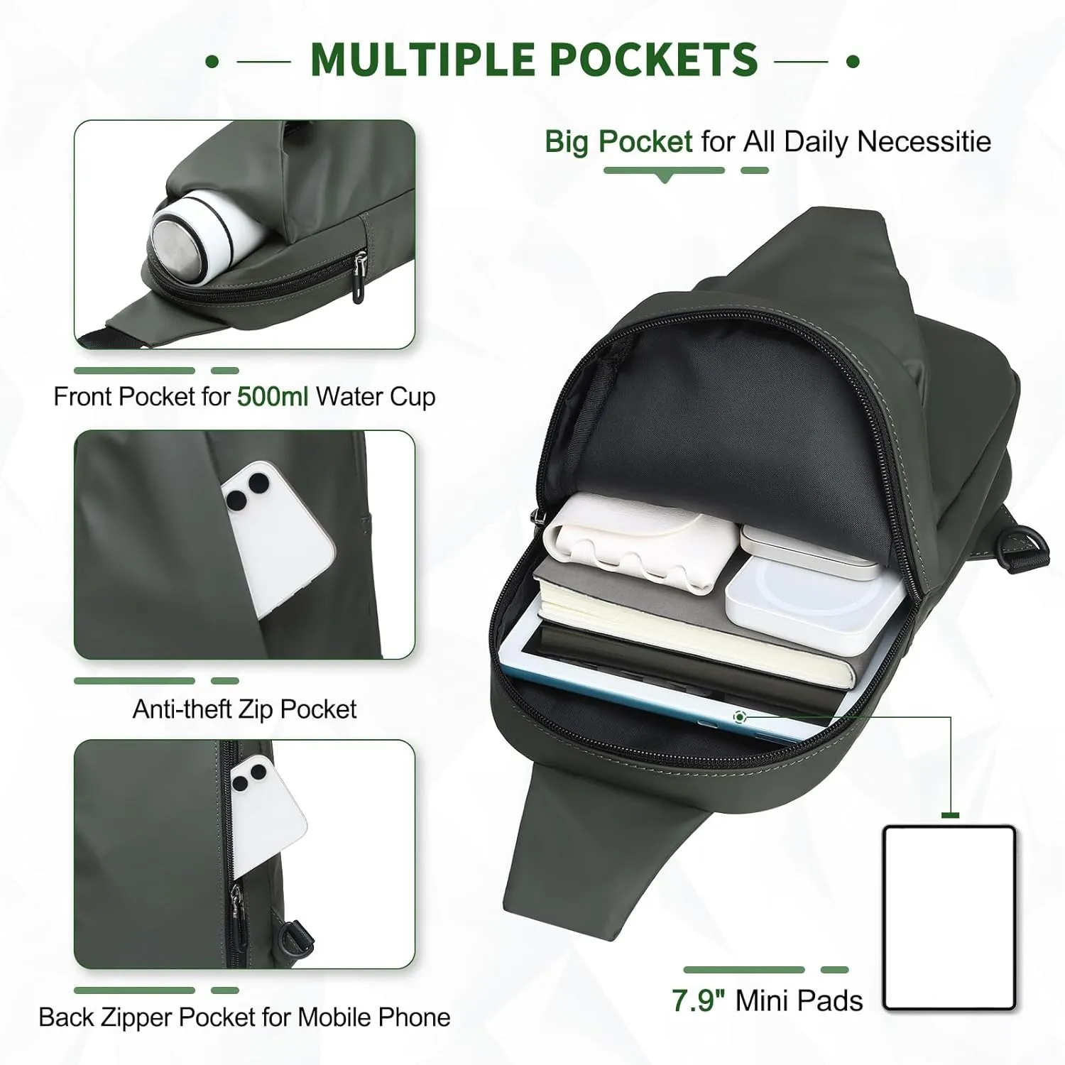 Small Sling Bag, Waterproof Nylon 7.9 Inch Crossbody Chest Bags Daypack Backpack with Anti-theft Pocket for Men Women (Dark Green)