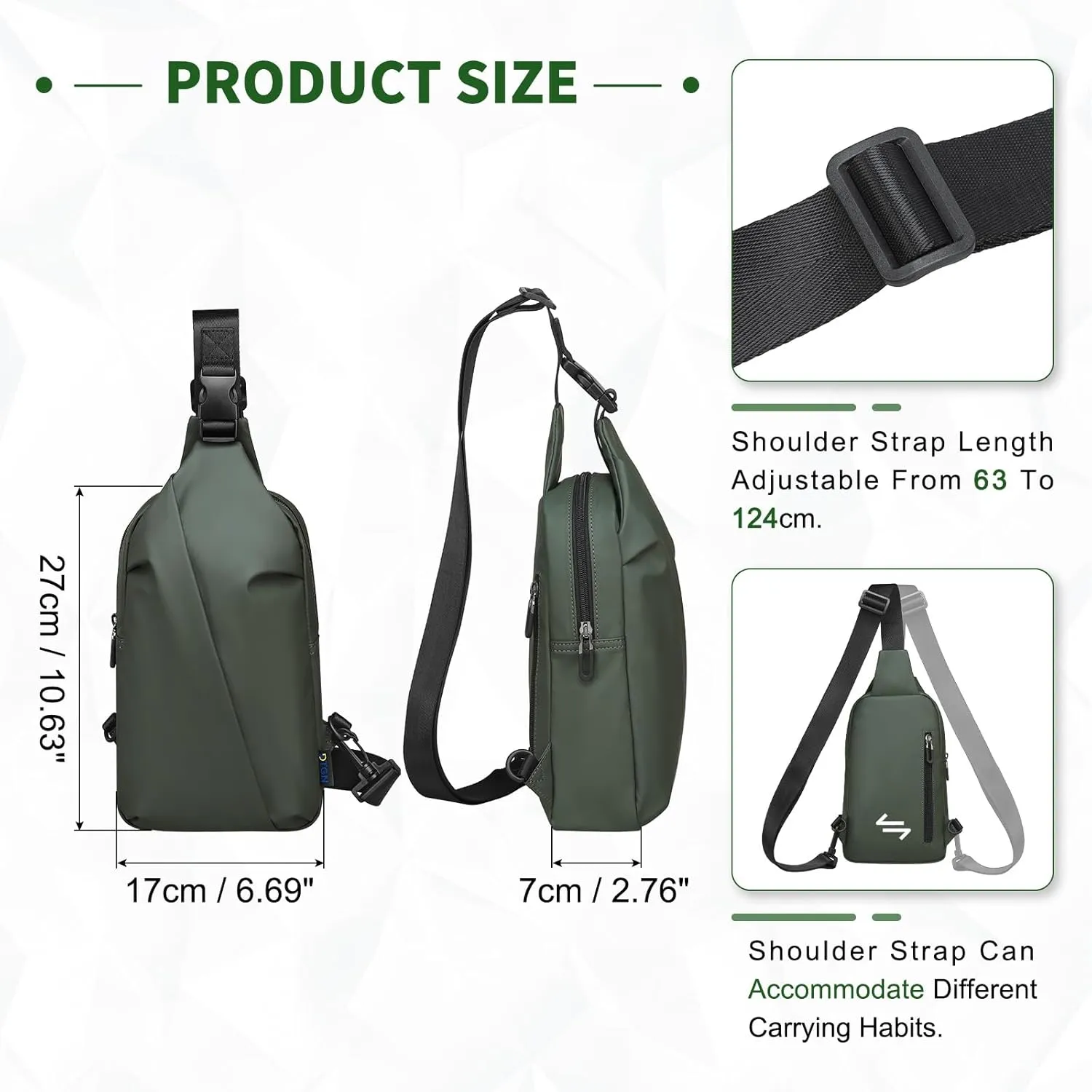 Small Sling Bag, Waterproof Nylon 7.9 Inch Crossbody Chest Bags Daypack Backpack with Anti-theft Pocket for Men Women (Dark Green)