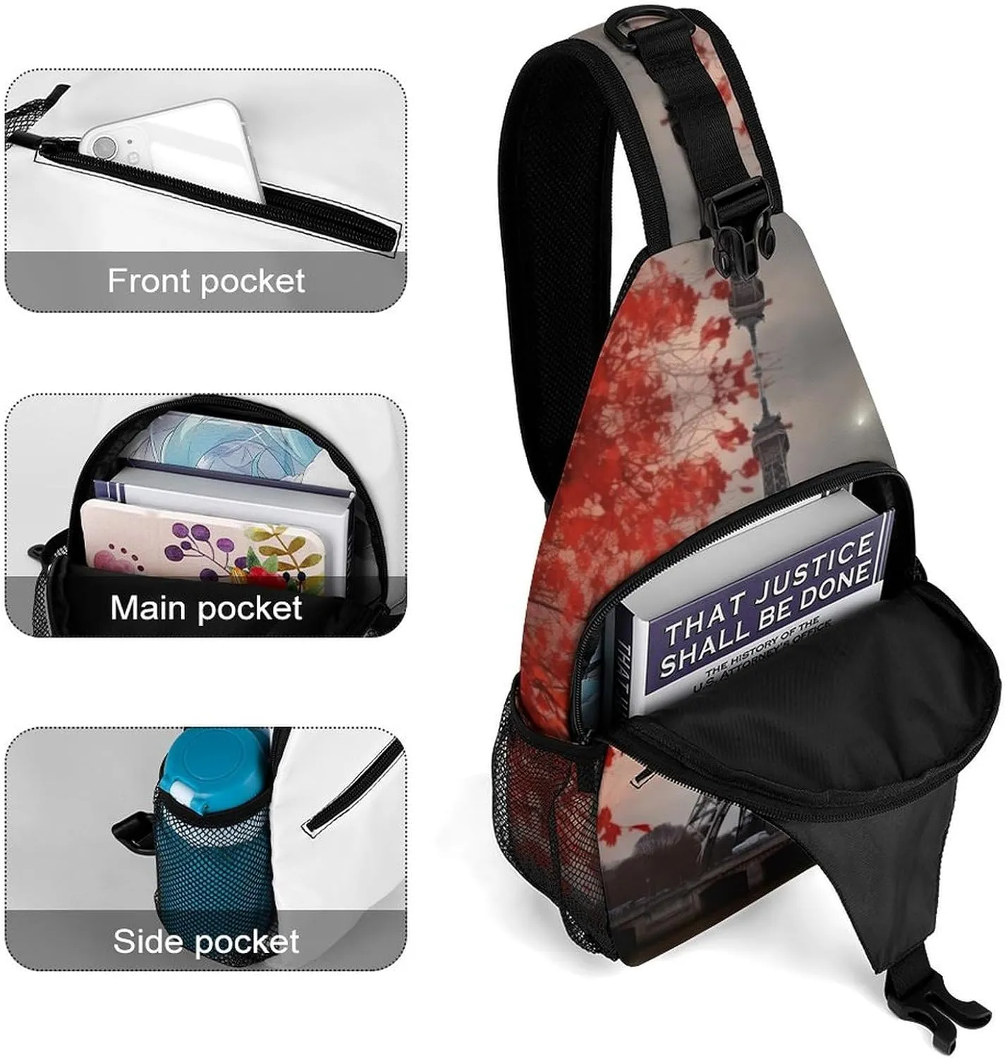 Small Sling Chest Bag Crossbody Bag for Men Women,Eiffel Tower Autumn Leaves Lightweight Gym Daypack for Travel Cycling Hiking