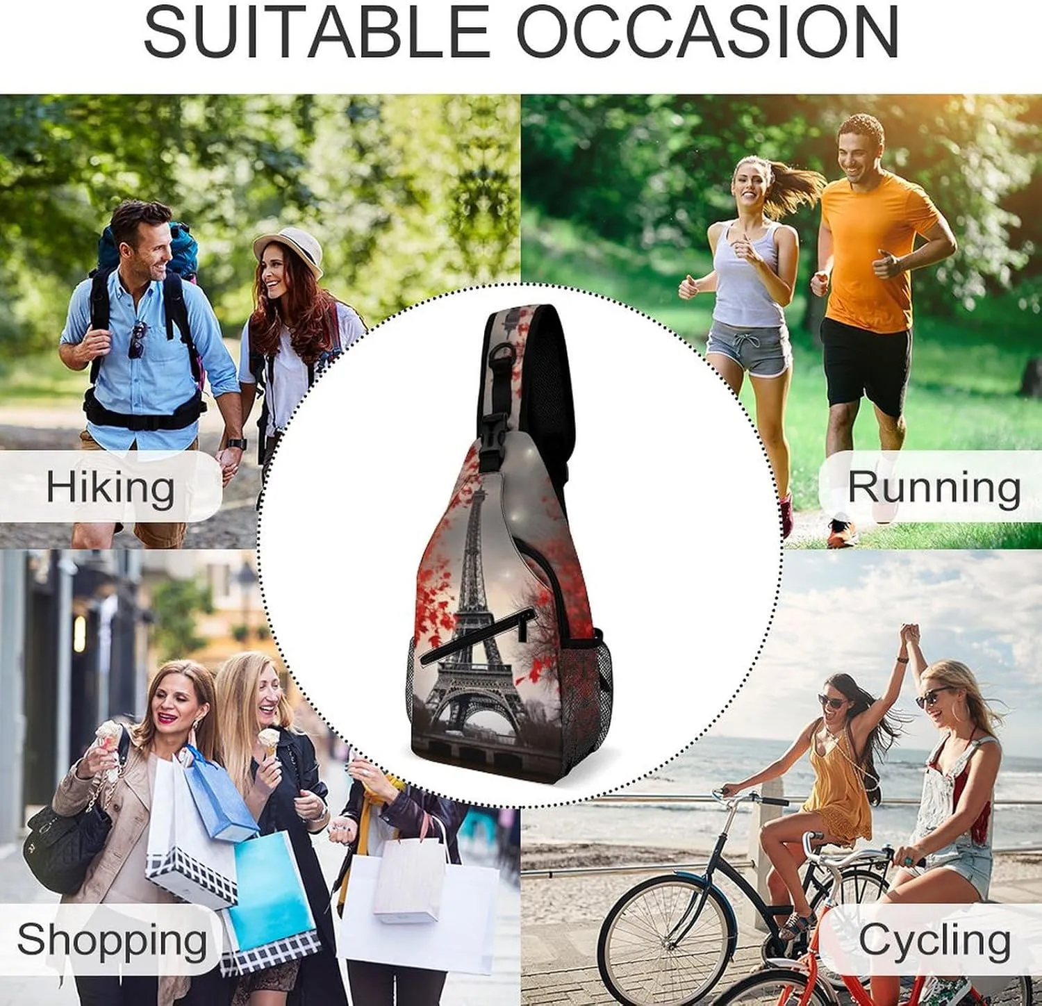 Small Sling Chest Bag Crossbody Bag for Men Women,Eiffel Tower Autumn Leaves Lightweight Gym Daypack for Travel Cycling Hiking
