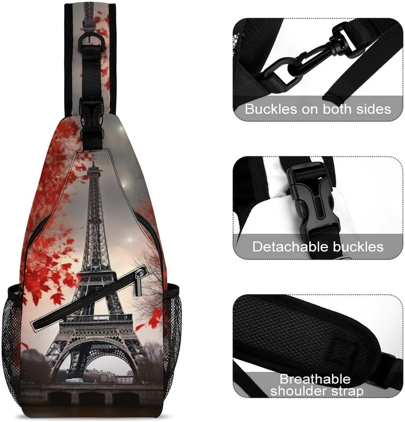 Small Sling Chest Bag Crossbody Bag for Men Women,Eiffel Tower Autumn Leaves Lightweight Gym Daypack for Travel Cycling Hiking