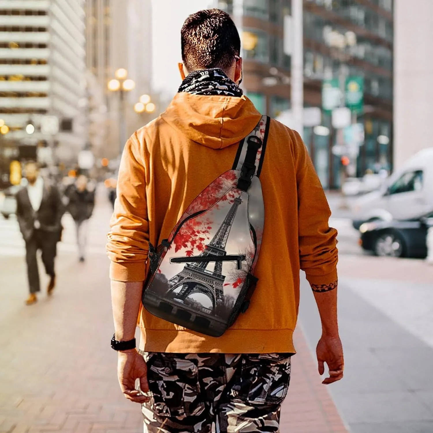 Small Sling Chest Bag Crossbody Bag for Men Women,Eiffel Tower Autumn Leaves Lightweight Gym Daypack for Travel Cycling Hiking