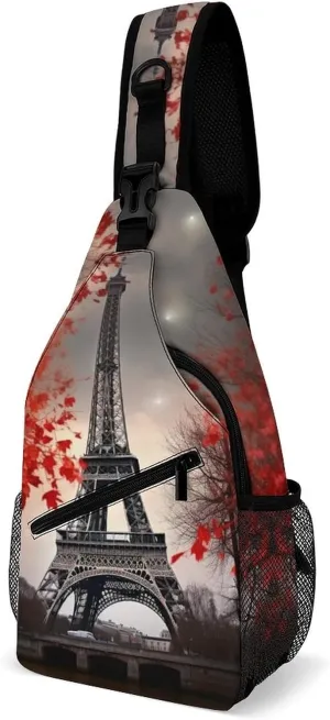 Small Sling Chest Bag Crossbody Bag for Men Women,Eiffel Tower Autumn Leaves Lightweight Gym Daypack for Travel Cycling Hiking