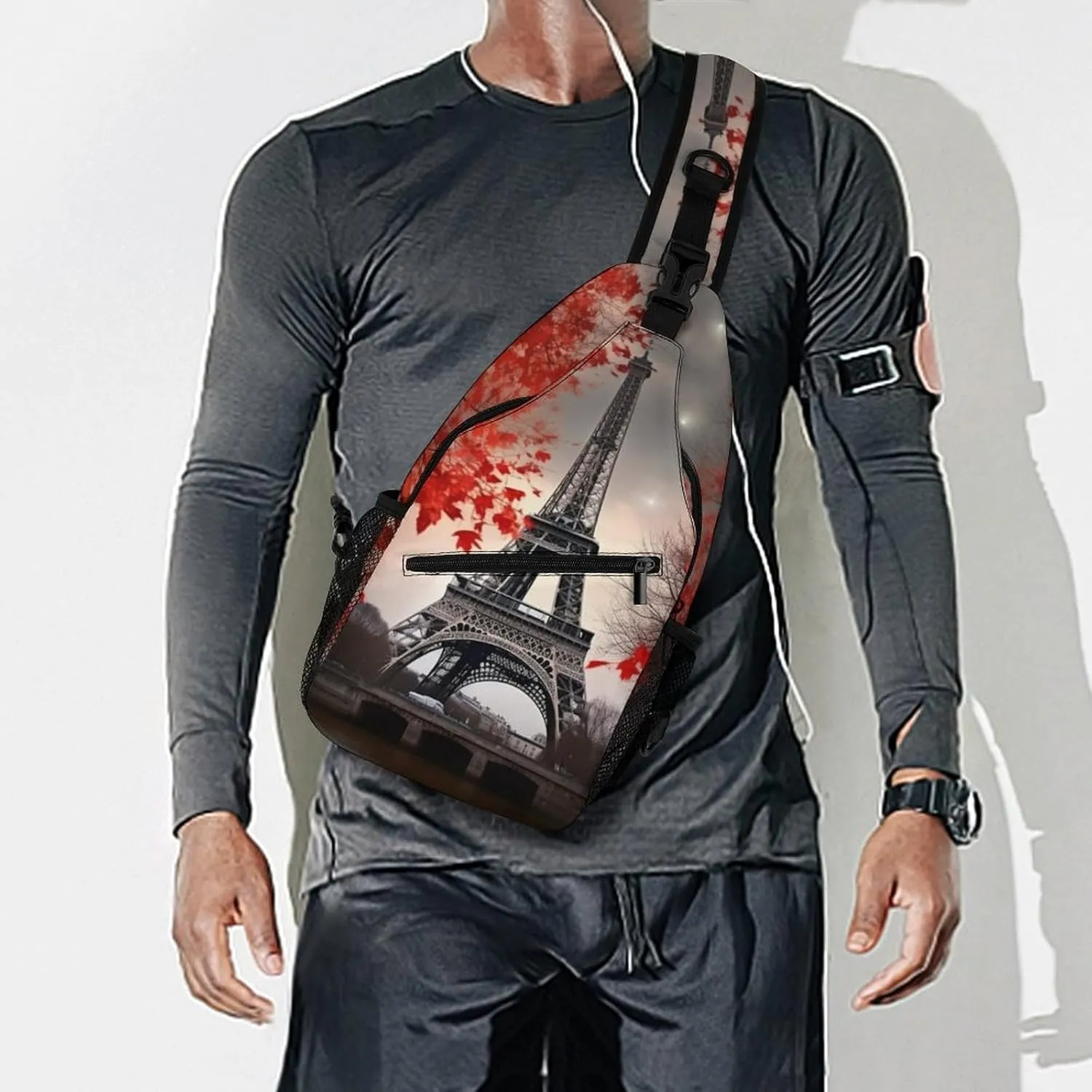 Small Sling Chest Bag Crossbody Bag for Men Women,Eiffel Tower Autumn Leaves Lightweight Gym Daypack for Travel Cycling Hiking