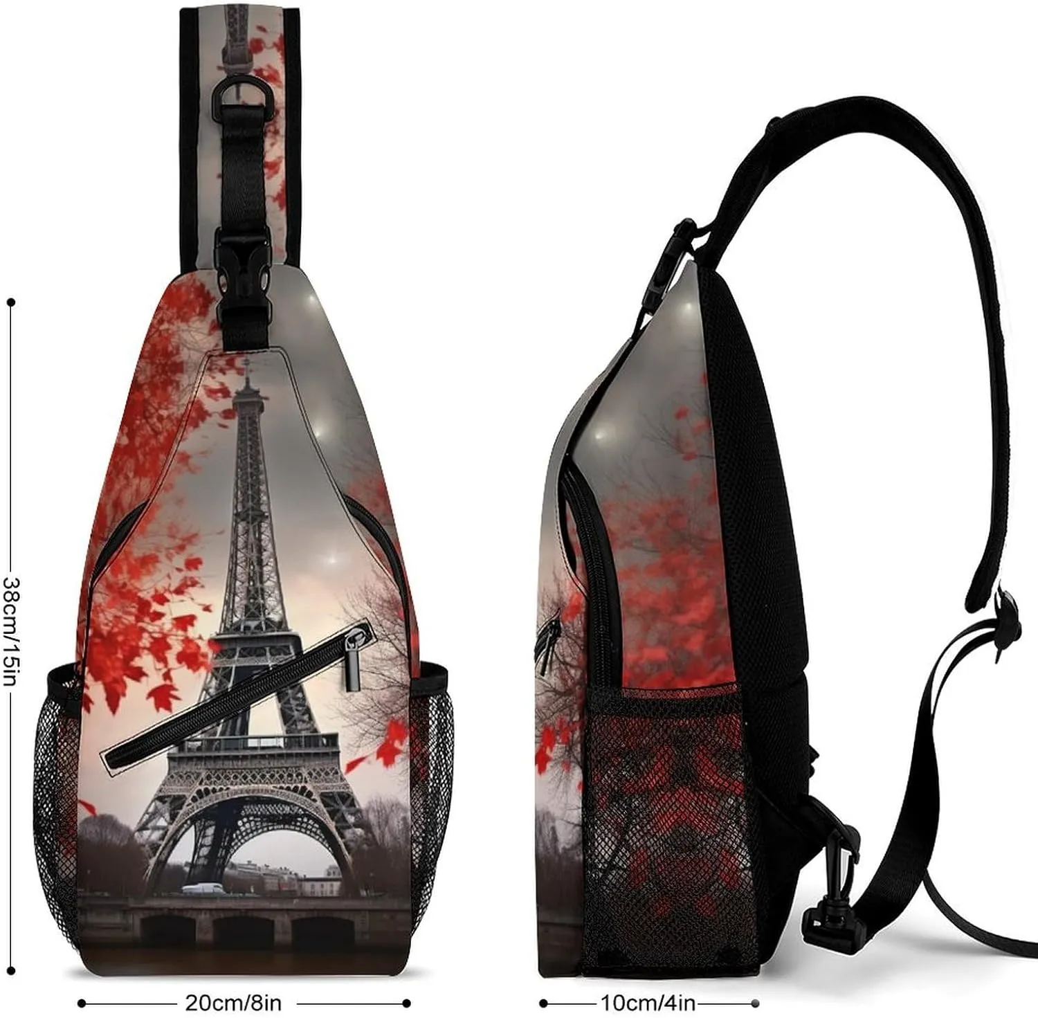 Small Sling Chest Bag Crossbody Bag for Men Women,Eiffel Tower Autumn Leaves Lightweight Gym Daypack for Travel Cycling Hiking