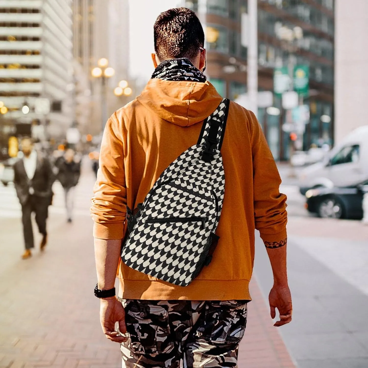 Small Sling Chest Bag Crossbody Bag for Men Women,Gray Houndstooth Stripes Lightweight Gym Daypack for Travel Cycling Hiking