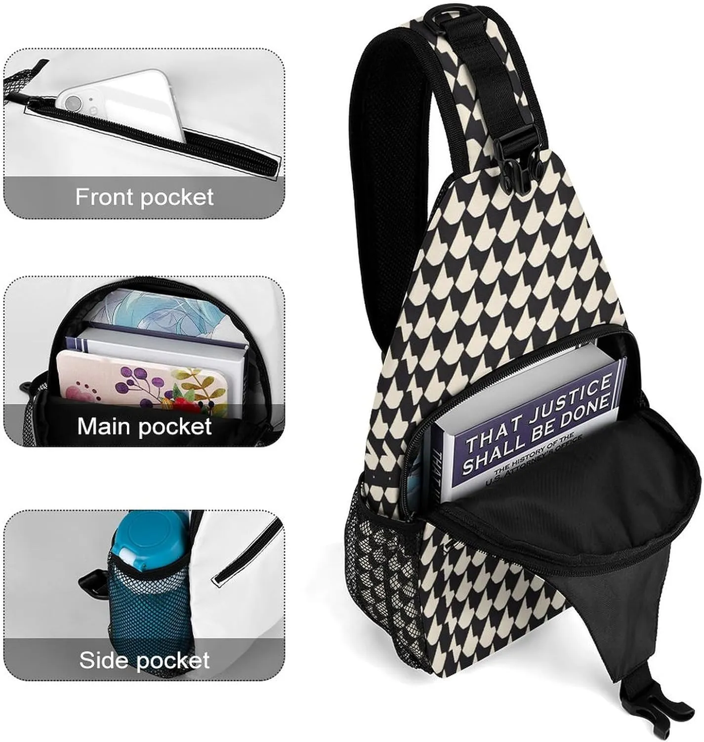 Small Sling Chest Bag Crossbody Bag for Men Women,Gray Houndstooth Stripes Lightweight Gym Daypack for Travel Cycling Hiking