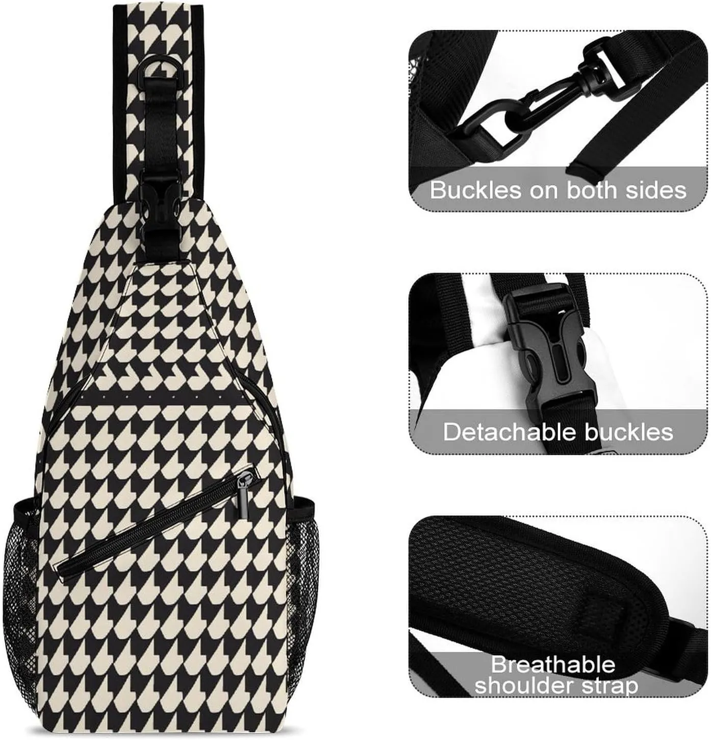 Small Sling Chest Bag Crossbody Bag for Men Women,Gray Houndstooth Stripes Lightweight Gym Daypack for Travel Cycling Hiking