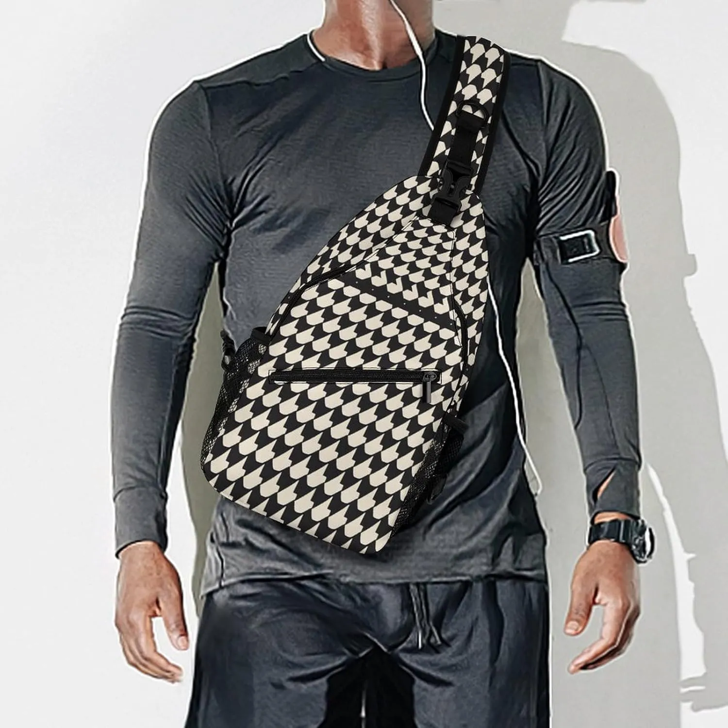 Small Sling Chest Bag Crossbody Bag for Men Women,Gray Houndstooth Stripes Lightweight Gym Daypack for Travel Cycling Hiking